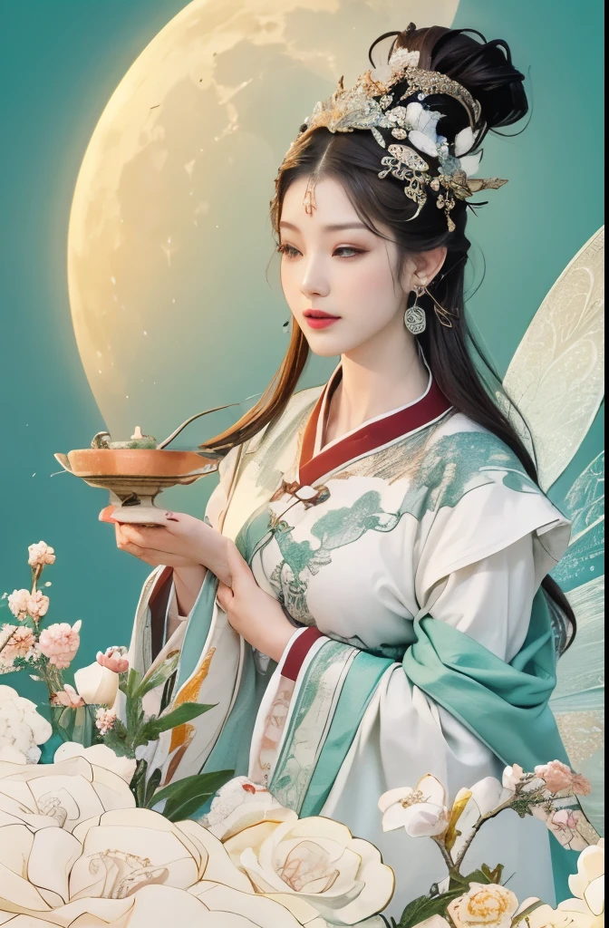 (masterpiece, top quality, best quality, official art, The face is beautiful and beautiful:1.2), (1 Chinese goddess，Chang'e fairy:1.5), Very detailed,(Dunhuang art:1.1),(Dunhuang is rich and colorful:1.1)(flowers:1.3),most detailed,(Chinese painting:1.2), (Dynamic flight attitude，Foot on white clouds), (Tiangong, White clouds and bright moon background:1.3), (Chinese Hanfu embroidery fabric:1.2), (shiny skin), (Many colors:1.4), ,(earrings:1.4),