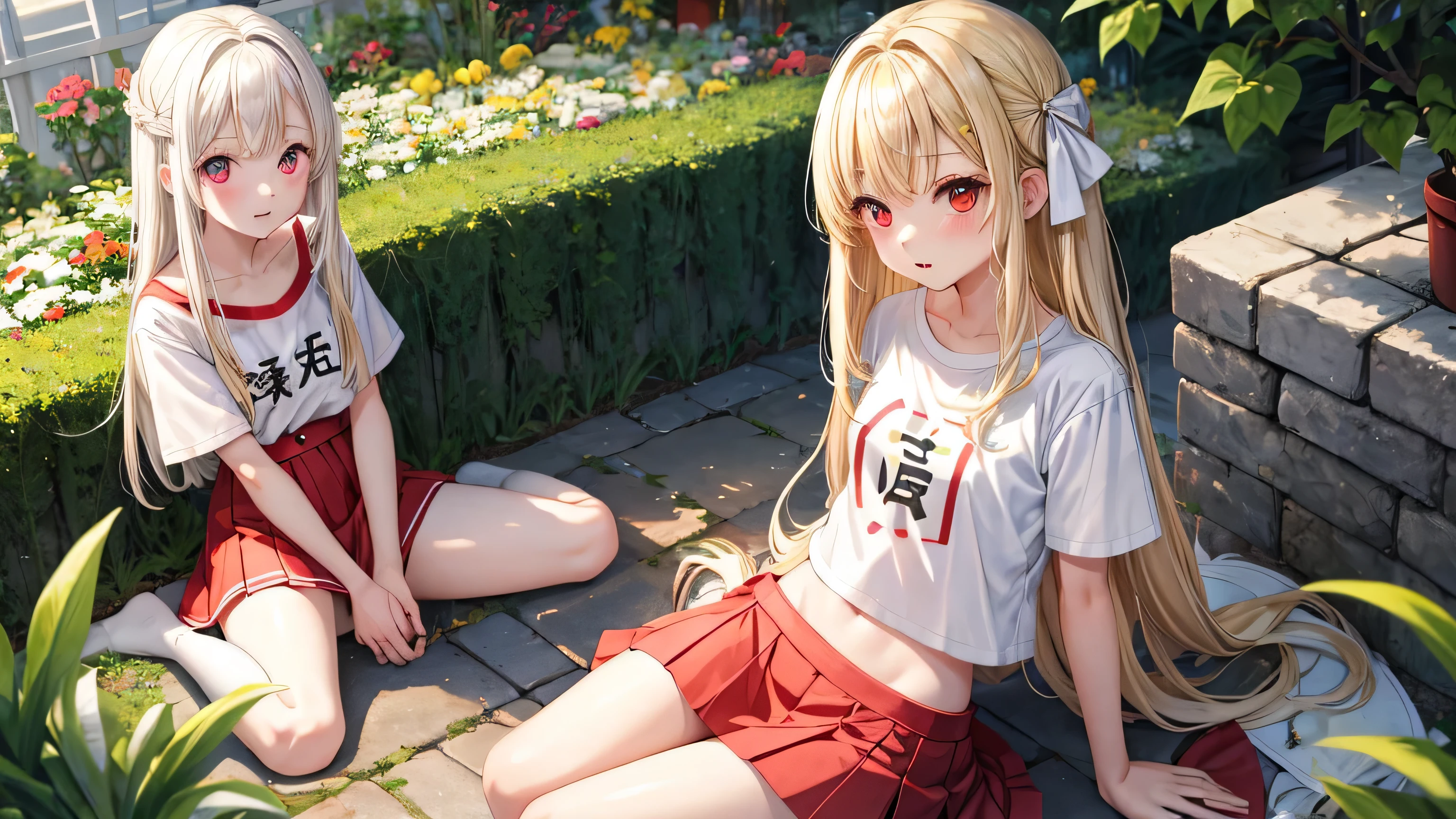 I&#39;m 11 years old、blonde、medium long hair、red eyes、two cute girls、alone、and soul、white t-shirt、mini skirt、white panties、透き通るwhite skin、white skin、beautiful skin、beautiful feet、slim legs、garden、sit on top