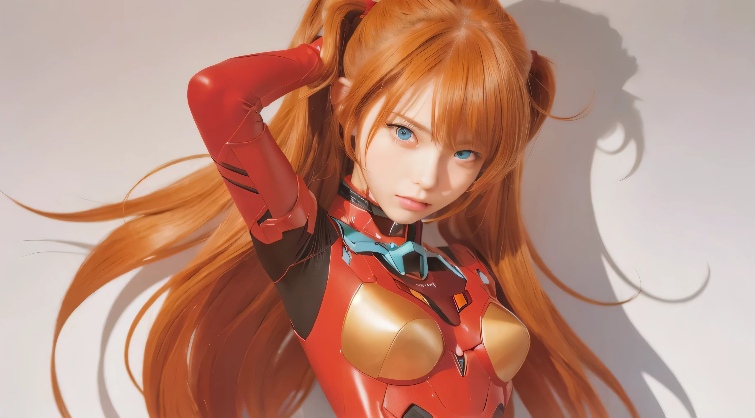(alone,masterpiece,highest quality,High resolution,realistic, photo realistic), Evangelion,cosplay,brown hair,Japanese,Beautiful woman,High resolution, beautiful blue eyes,Red combat uniform, twin tails,Upper body,plump bust,looking at camera,sexy pose