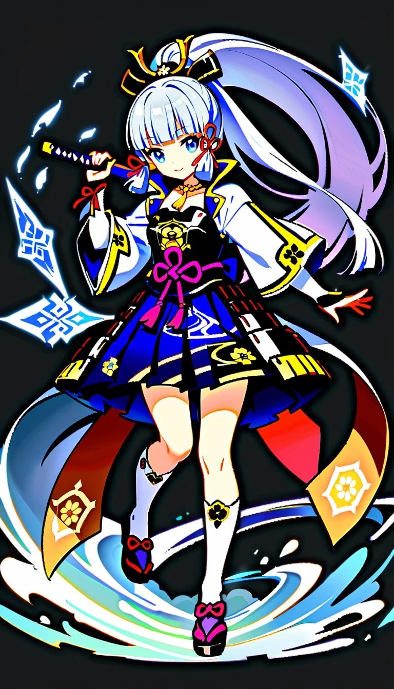 whole body, Ayaka Uesou, Genshin Impact Characters, lightning noble, swordsman, Ice element ability, Purple and white kimono, dark blue hair, Holds dual katana swords, Floating gracefully in mid-air, Japanese traditional aesthetics, naughty or mischievous expression, able to turn into wind, No background, no shadow, no reflection
