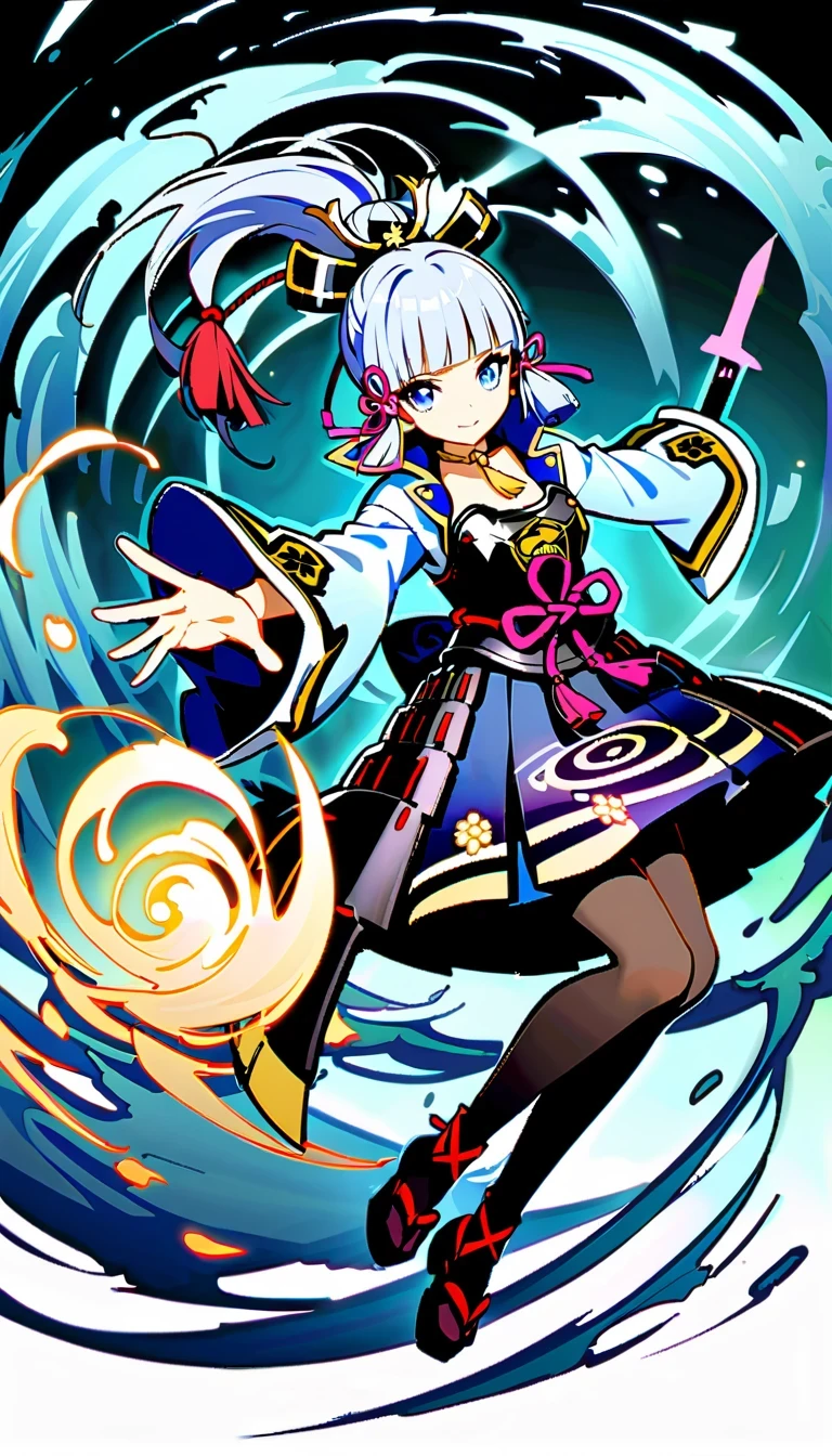 whole body, Ayaka Uesou, Genshin Impact Characters, lightning noble, swordsman, Ice element ability, Purple and white kimono, dark blue hair, Holds dual katana swords, Floating gracefully in mid-air, Japanese traditional aesthetics, naughty or mischievous expression, able to turn into wind, No background, no shadow, no reflection
