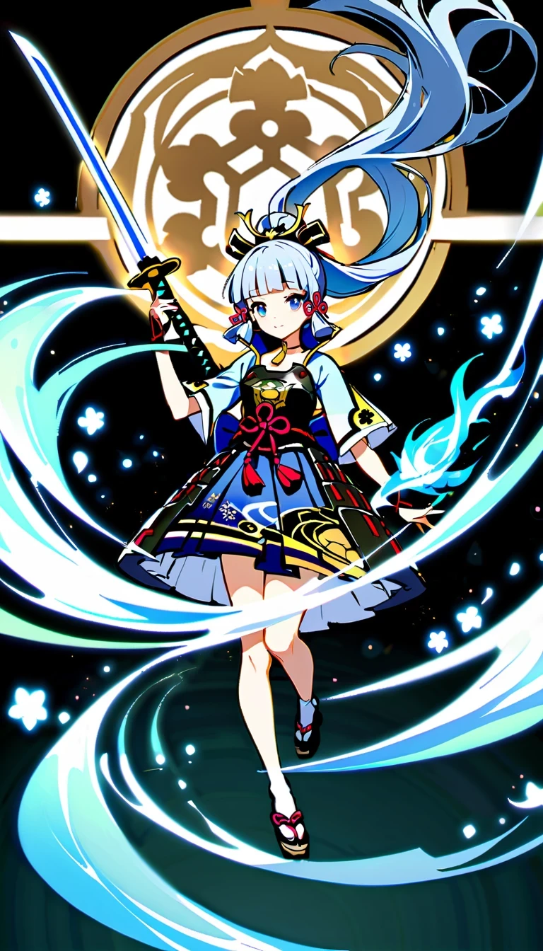 whole body, Ayaka Uesou, Genshin Impact Characters, lightning noble, swordsman, Ice element ability, Purple and white kimono, dark blue hair, Holds dual katana swords, Floating gracefully in mid-air, Japanese traditional aesthetics, naughty or mischievous expression, able to turn into wind, No background, no shadow, no reflection