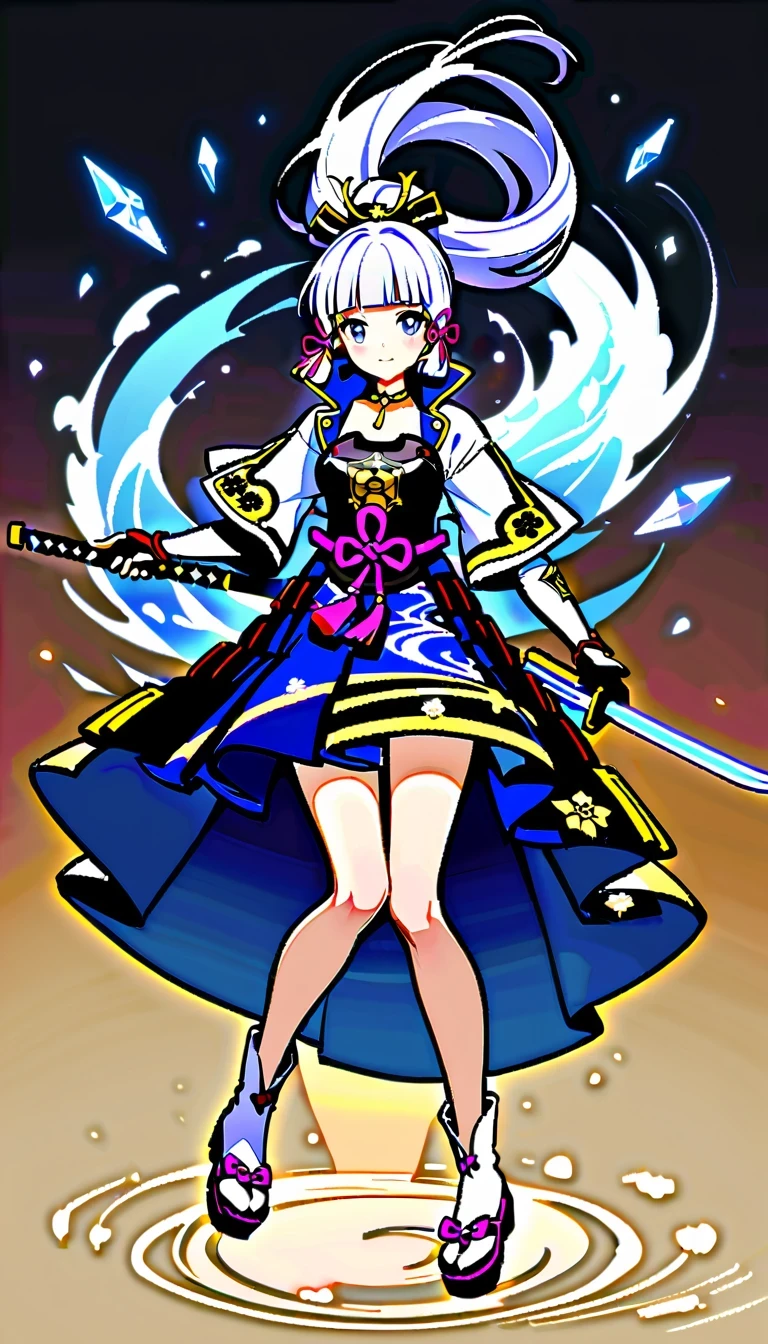 whole body, Ayaka Uesou, Genshin Impact Characters, lightning noble, swordsman, Ice element ability, Purple and white kimono, dark blue hair, Holds dual katana swords, Floating gracefully in mid-air, Japanese traditional aesthetics, naughty or mischievous expression, able to turn into wind, No background, no shadow, no reflection