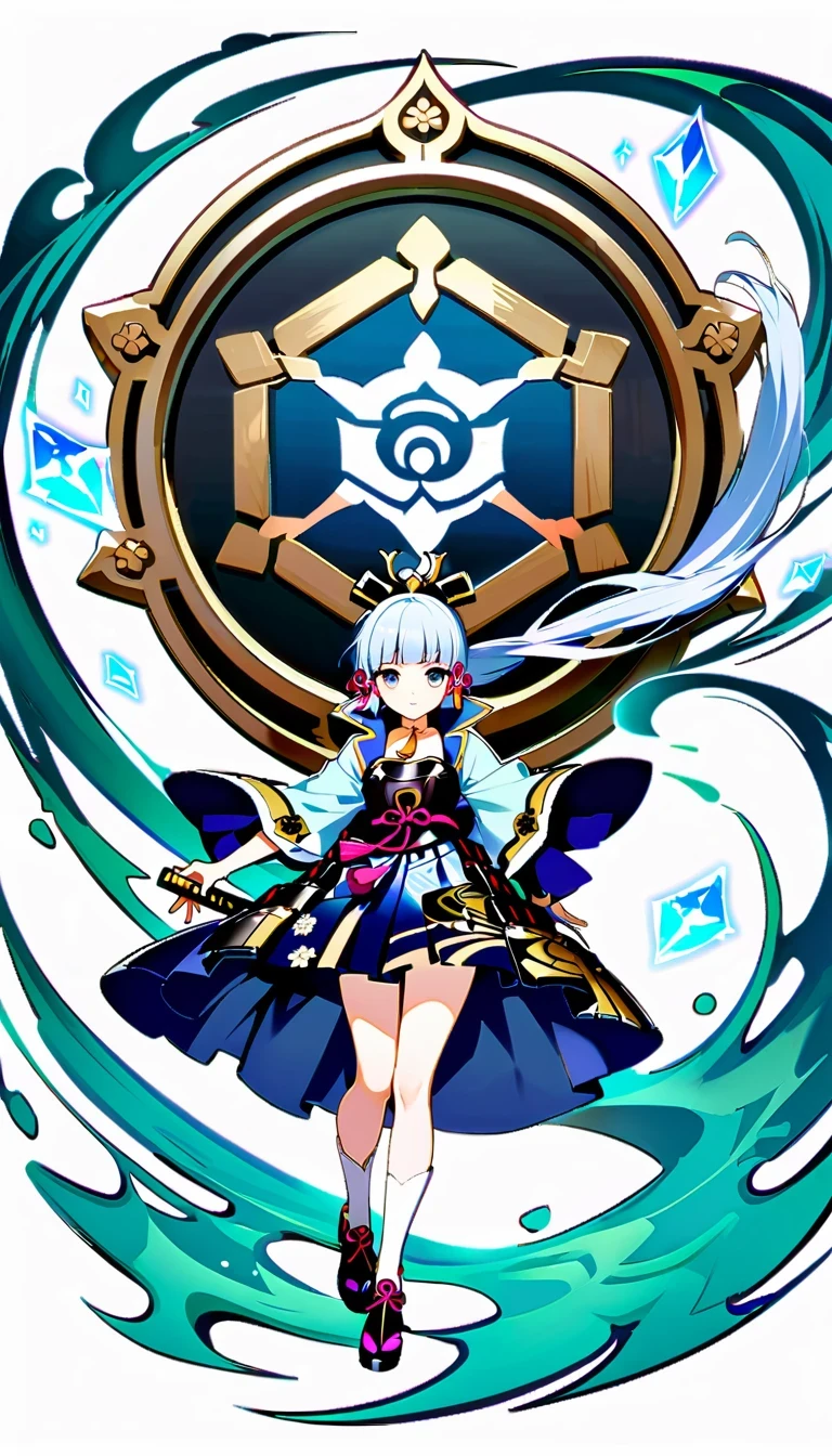 whole body, Ayaka Uesou, Genshin Impact Characters, lightning noble, swordsman, Ice element ability, Purple and white kimono, dark blue hair, Holds dual katana swords, Floating gracefully in mid-air, Japanese traditional aesthetics, naughty or mischievous expression, able to turn into wind, No background, no shadow, no reflection