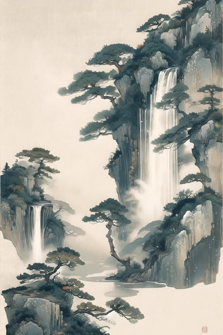 Chinese black and white ink painting,monochrome,brush landscape,Fall,cliff face,solitary figure,reflective water,asiatic pine,mist,peaceful,vertical composition,calligraphy