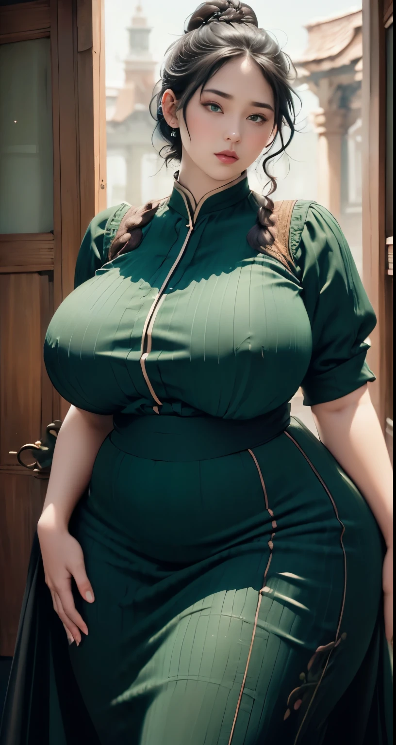 1girl, huge breast, wavy black short hair, green eyes,high quality, ultra detailed, masterpiece, realistic, gamis clothes,braid,standing, slightly fat arms , slightly fat belly , chubby cheeks