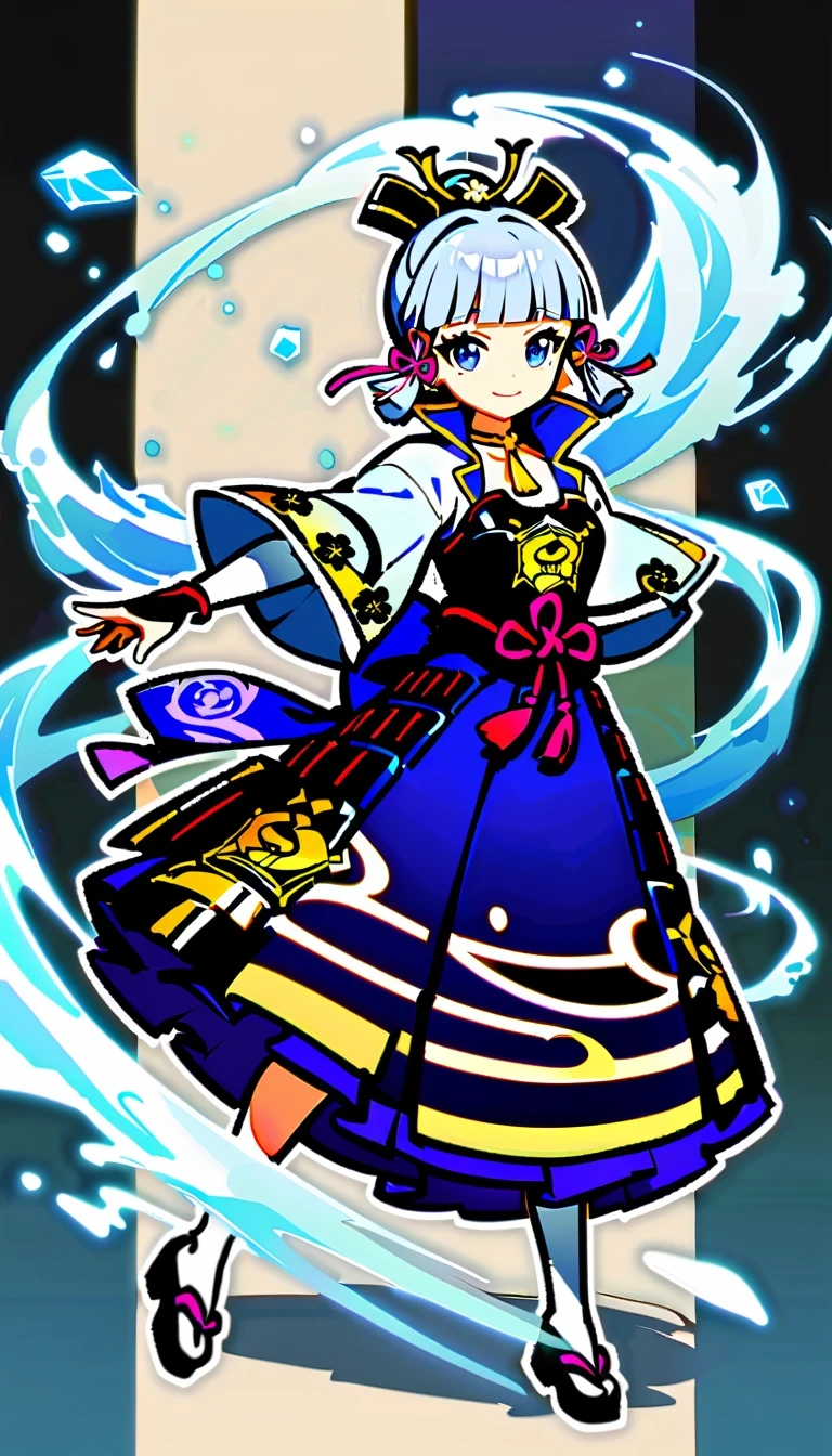 whole body, Ayaka Uesou, Genshin Impact Characters, lightning noble, swordsman, Ice element ability, Purple and white kimono, dark blue hair, Holds dual katana swords, Floating gracefully in mid-air, Japanese traditional aesthetics, naughty or mischievous expression, able to turn into wind, No background, no shadow, no reflection