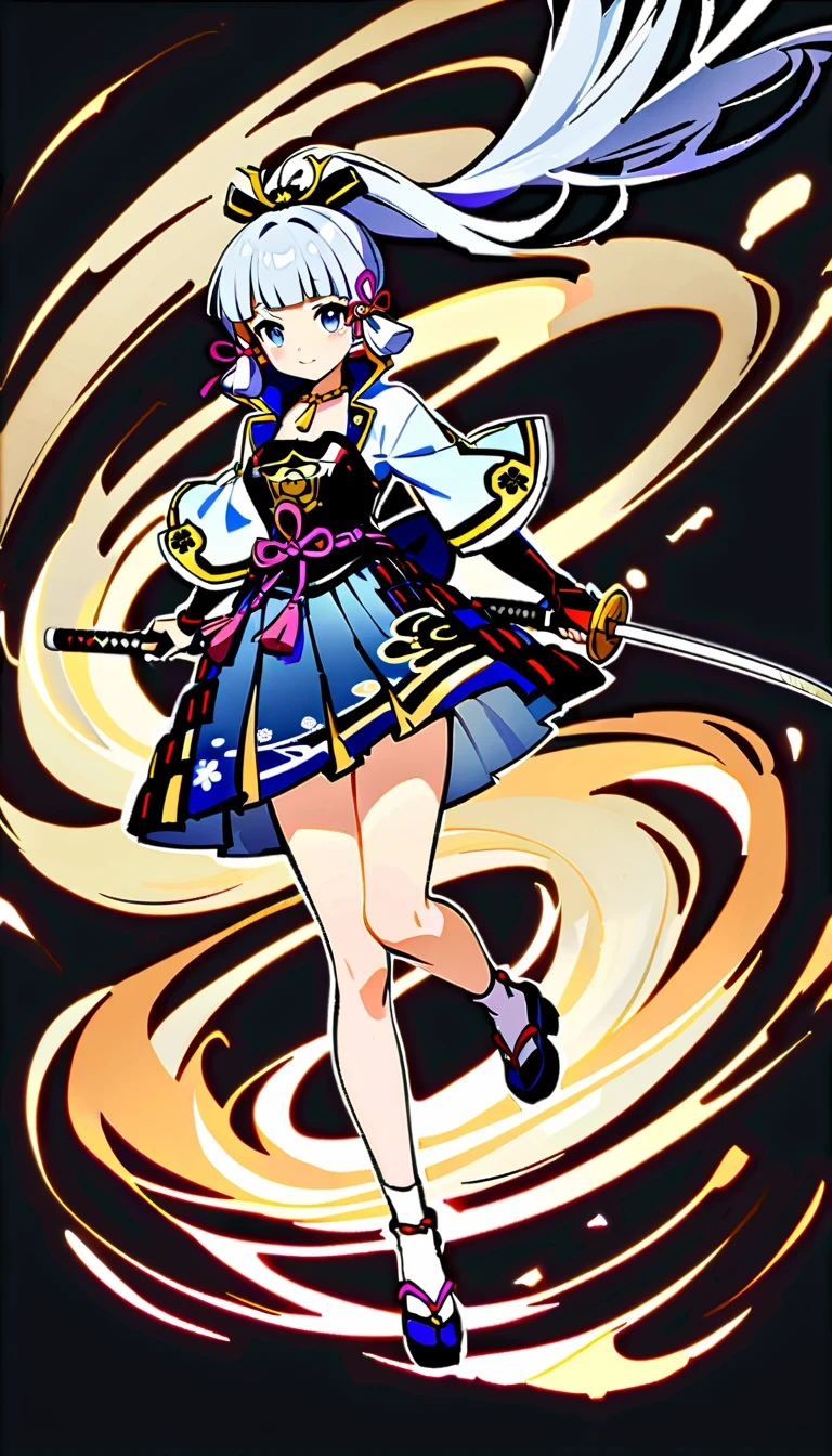 whole body, Ayaka Uesou, Genshin Impact Characters, lightning noble, swordsman, Ice element ability, Purple and white kimono, dark blue hair, Holds dual katana swords, Floating gracefully in mid-air, Japanese traditional aesthetics, naughty or mischievous expression, able to turn into wind, No background, no shadow, no reflection