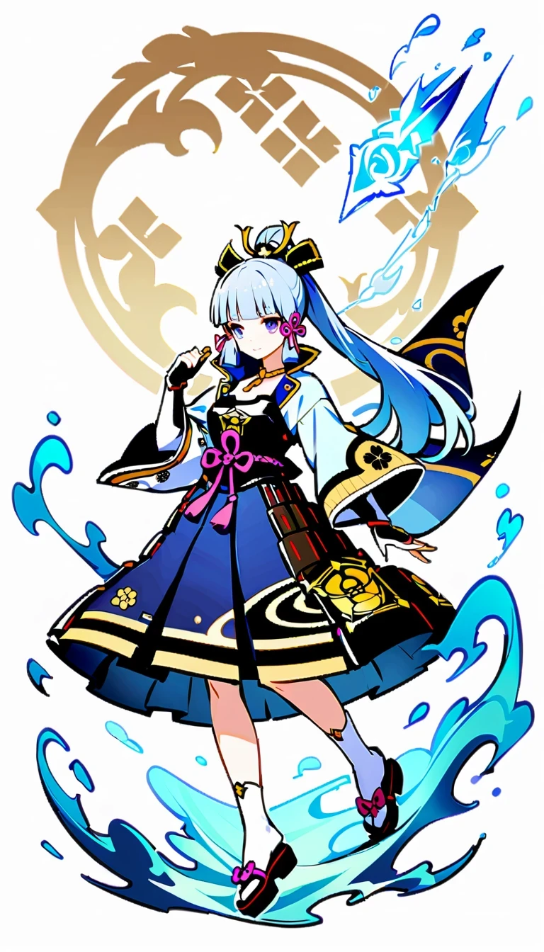 whole body, Ayaka Uesou, Genshin Impact Characters, lightning noble, swordsman, Ice element ability, Purple and white kimono, dark blue hair, Holds dual katana swords, Floating gracefully in mid-air, Japanese traditional aesthetics, naughty or mischievous expression, able to turn into wind, No background, no shadow, no reflection