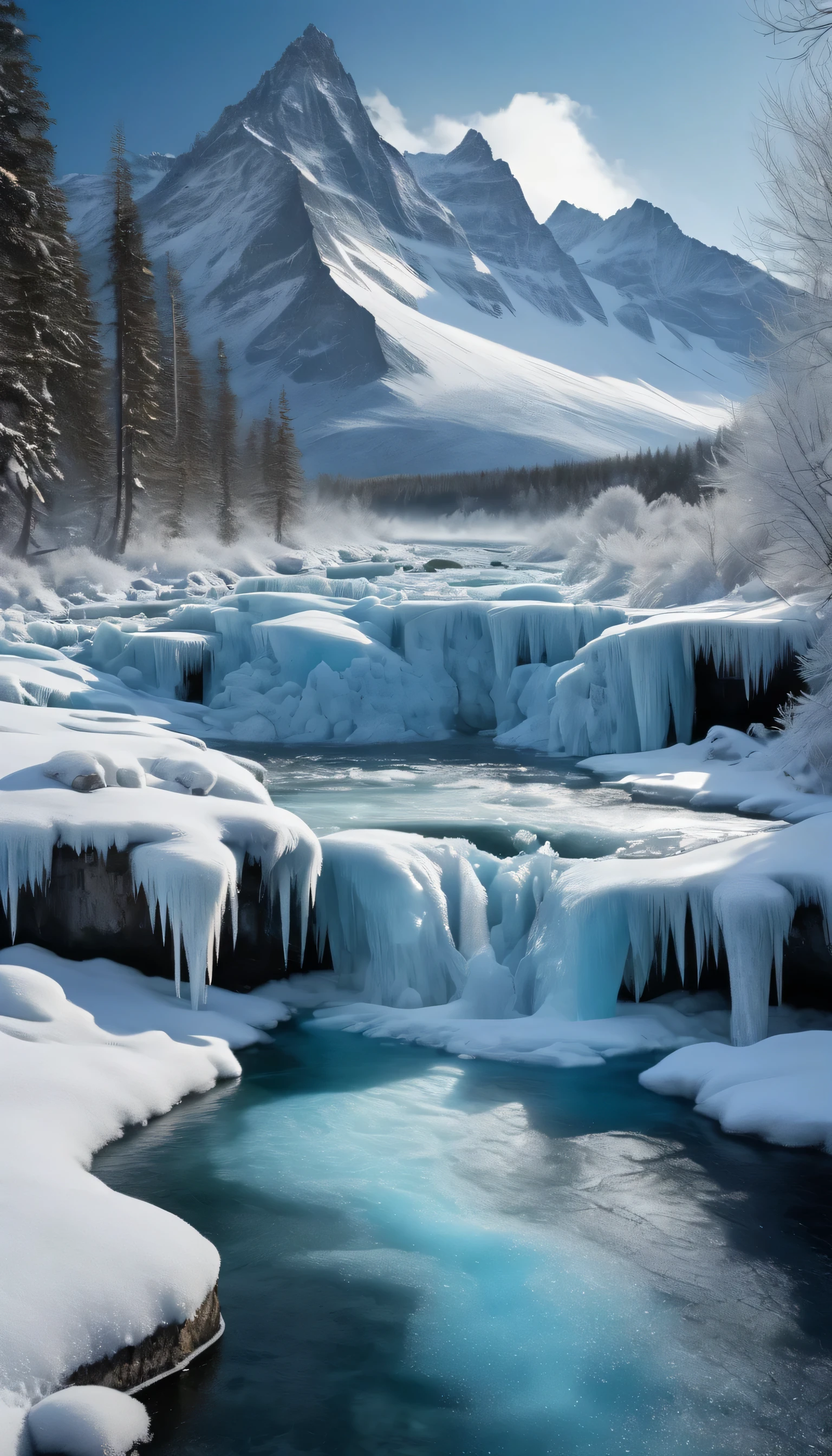 (frost, ice waterfall), (best quality, 4k, 8k, high resolution, masterpiece: 1.2), ultra-detailed, (realistic, photorealistic, photorealistic: 1.37),frozen waterfall,ice crystals,glistening icicles,sparkling snow-covered rocks,majestic scenery,icy temperatures,icy mist,gentle river flow,peaceful serenity,reflective surface,shimmering light,dark shadows,subtle shades of blue and white,captivating beauty,cascading waters,crystalline formation,quiet solitude,subzero environment,frozen motion,arctic paradise,winter wonderland,tranquil atmosphere,pristine landscape,sublime tranquility,glacial spectacle,natural masterpiece,majestic grandeur,pristine wilderness,cold purity,enchanted stillness,glistening snowflakes,icy air,freezing temperatures,unfrozen stillness,dramatic contrasts,frozen enchantment, nature's artistry.