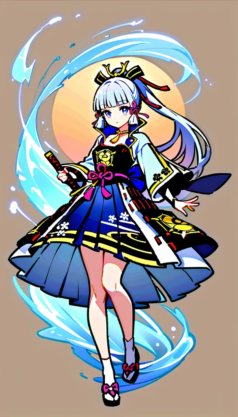 whole body, Ayaka Uesou, Genshin Impact Characters, lightning noble, swordsman, Ice element ability, Purple and white kimono, dark blue hair, Holds dual katana swords, Floating gracefully in mid-air, Japanese traditional aesthetics, naughty or mischievous expression, able to turn into wind, No background, no shadow, no reflection