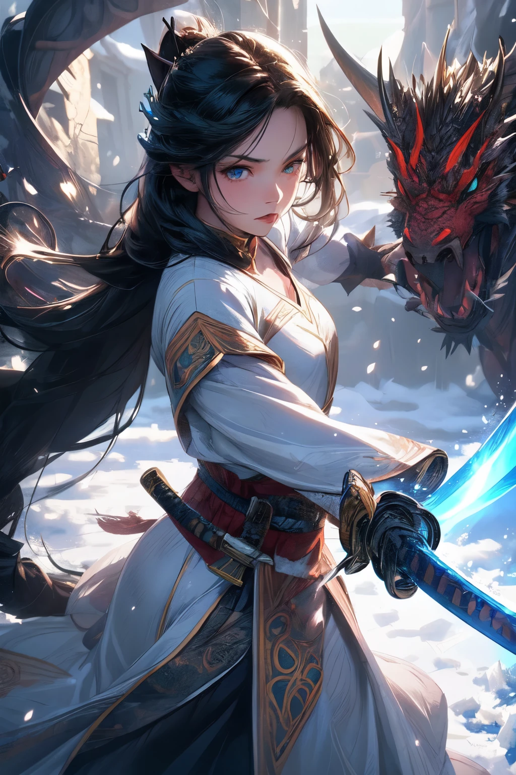 A girl,long hair, white armor, dragon behind her , blue eye , snow white hair , katana sword , fighting with a demon