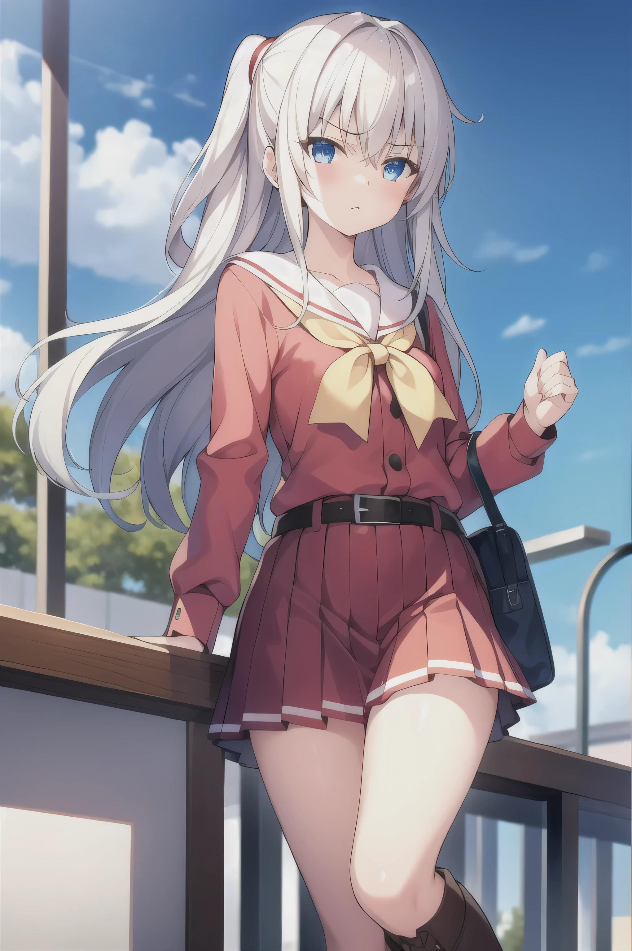 1 girl,åªª©å¥ˆç»ª,long hair,one side up,white hair,blue eyes,hair between eyes,
,Serford,red dress,pleated skirt,Bag,scarf,red shirt,clavicle,long sleeve,
sock,boots,whole body, frown,, (masterpiece:1,2), best quality, masterpiece, High resolution, original, Very detailed wallpaper, perfect lighting,(Extremely detailed CG:1.2),