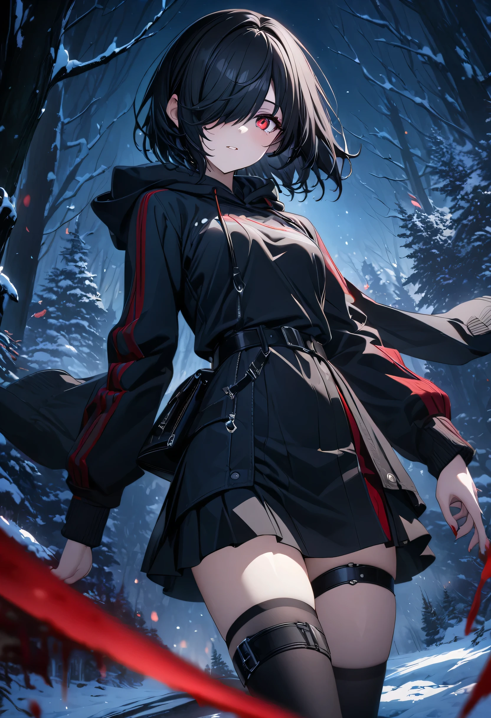 （Best image quality、Super detailed CG unified 8k wallpaper、masterpiece）blood red eyes, black hair, black platform boots, Short hair details, Black thigh socks, hair covering one eye, black hoodie, black thigh strap, black belt,night，black skirt，forest full of snow