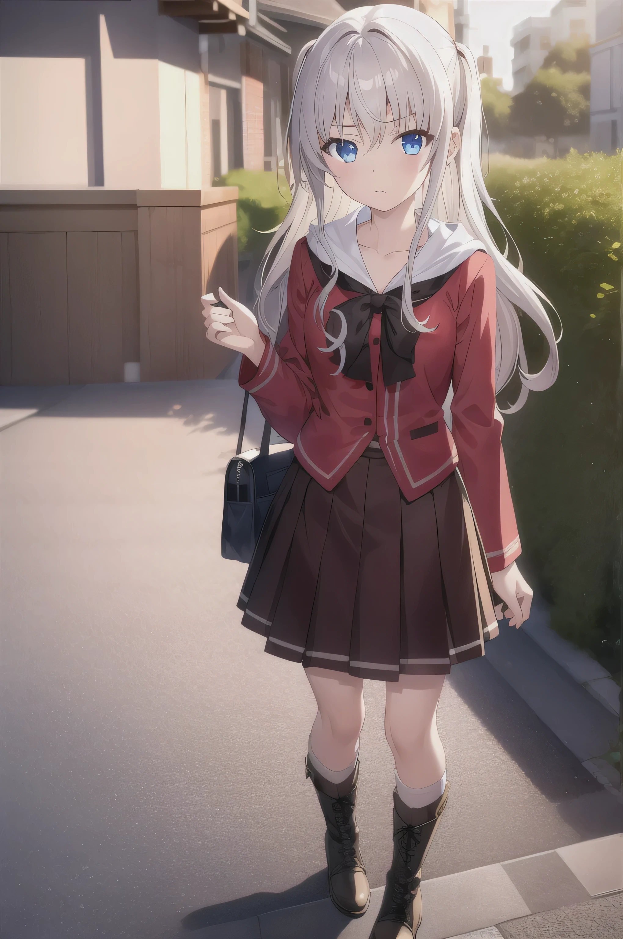 1 girl,åªª©å¥ˆç»ª,long hair,one side up,white hair,blue eyes,hair between eyes,
,Serford,red dress,pleated skirt,Bag,scarf,red shirt,clavicle,long sleeve,
sock,boots,whole body, frown,, (masterpiece:1,2), best quality, masterpiece, High resolution, original, Very detailed wallpaper, perfect lighting,(Extremely detailed CG:1.2),