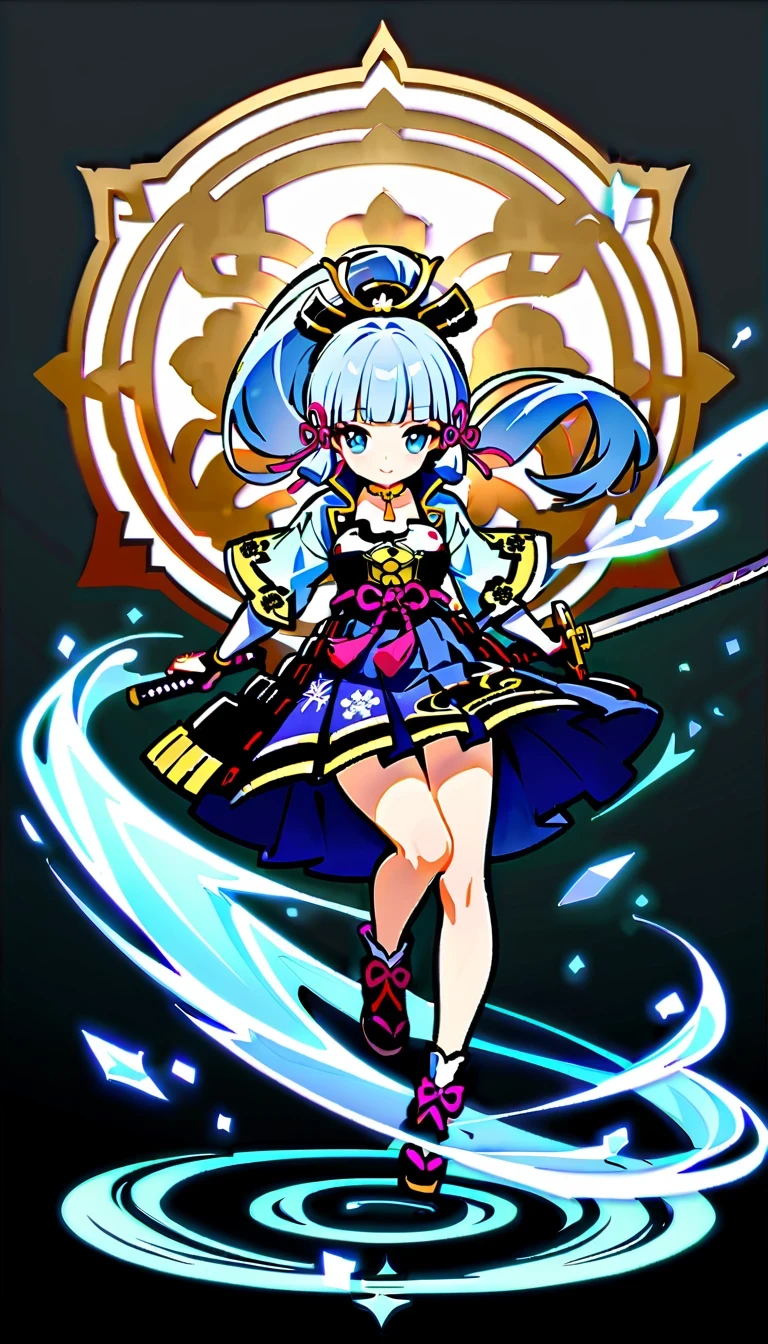 whole body, Ayaka Uesou, Genshin Impact Characters, lightning noble, swordsman, Ice element ability, Purple and white kimono, dark blue hair, Holds dual katana swords, Floating gracefully in mid-air, Japanese traditional aesthetics, naughty or mischievous expression, able to turn into wind, No background, no shadow, no reflection