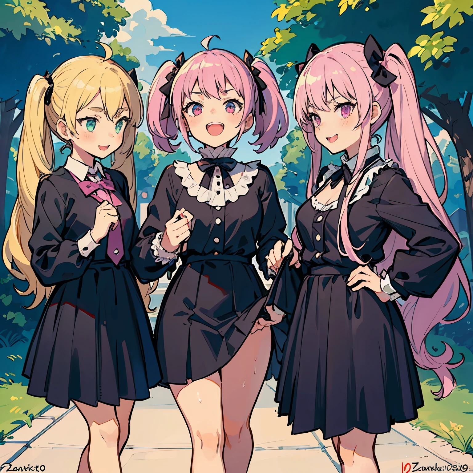 4 Girls with pink hair, long twintail hairstyle, small bushy eyebrows, wearing gothic lolita clothing, (Zankuro) drawing style by zankuro artist, Zancrow style, image uploaded to R34, walking to school, flirty smile, , lifting her skirt to show her vagina wet with semen