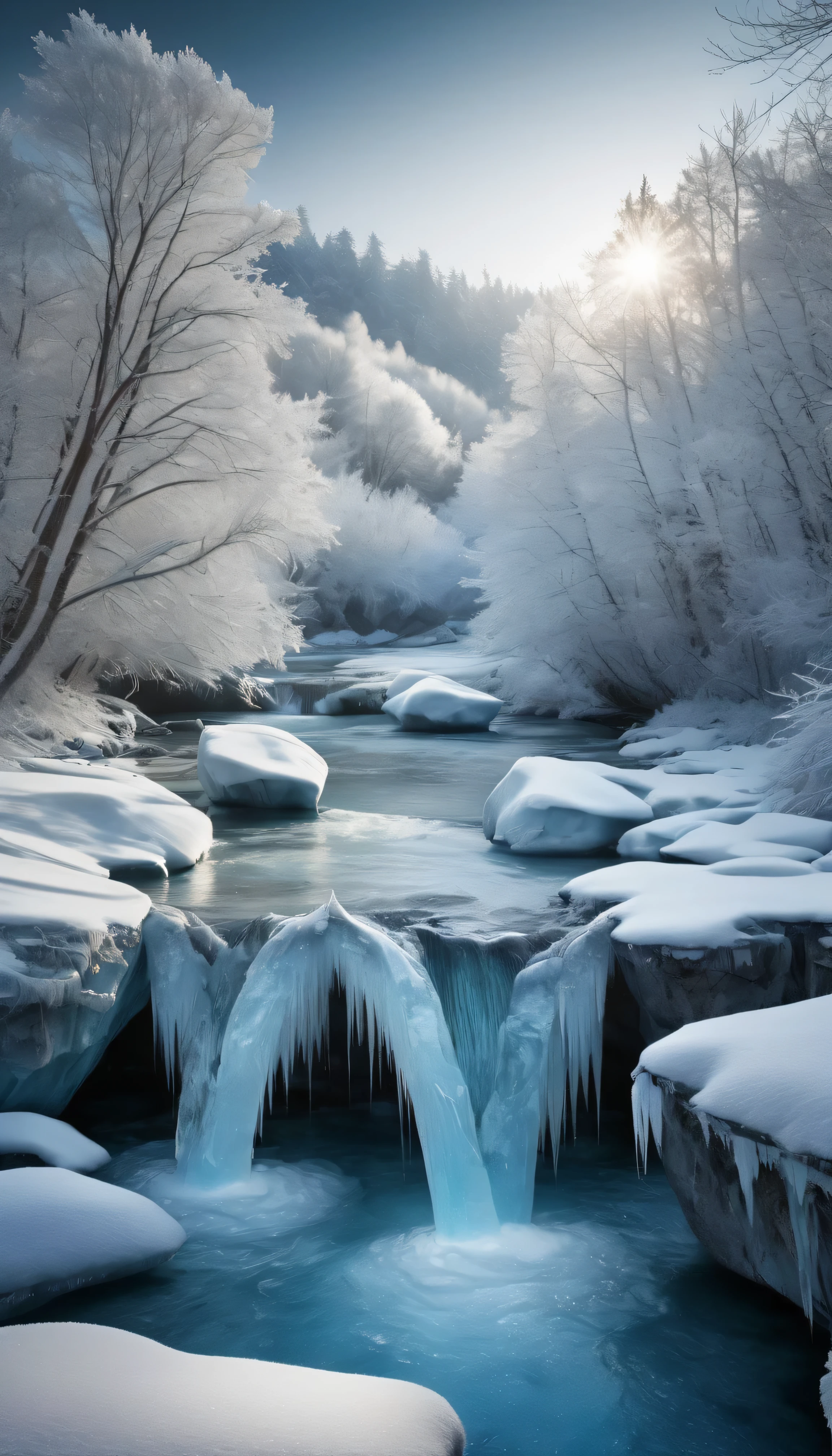(frost, ice waterfall), (best quality, 4k, 8k, high resolution, masterpiece: 1.2), ultra-detailed, (realistic, photorealistic, photorealistic: 1.37),frozen waterfall,ice crystals,glistening icicles,sparkling snow-covered rocks,majestic scenery,icy temperatures,icy mist,gentle river flow,peaceful serenity,reflective surface,shimmering light,dark shadows,subtle shades of blue and white,captivating beauty,cascading waters,crystalline formation,quiet solitude,subzero environment,frozen motion,arctic paradise,winter wonderland,tranquil atmosphere,pristine landscape,sublime tranquility,glacial spectacle,natural masterpiece,majestic grandeur,pristine wilderness,cold purity,enchanted stillness,glistening snowflakes,icy air,freezing temperatures,unfrozen stillness,dramatic contrasts,frozen enchantment, nature's artistry.