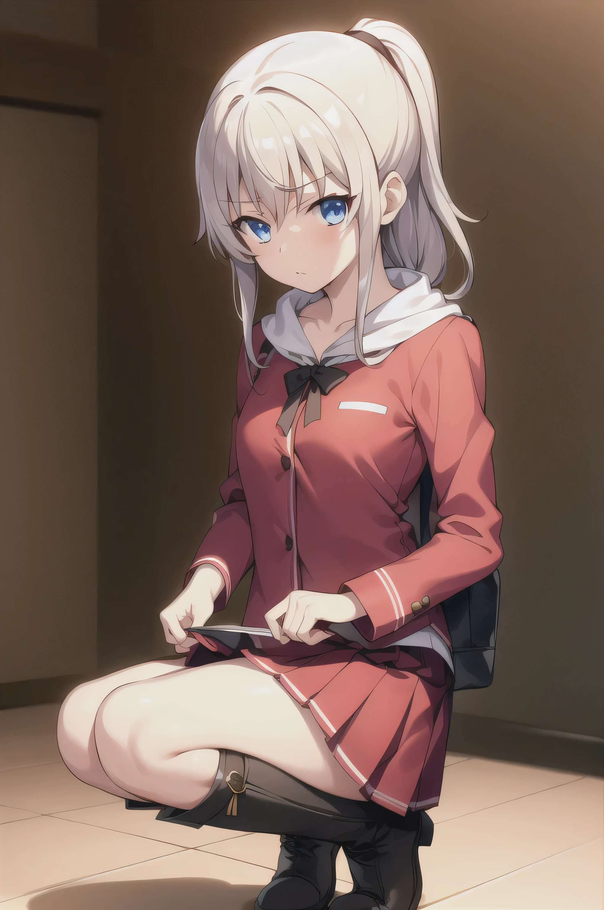 1 girl,åªª©å¥ˆç»ª,long hair,one side up,white hair,blue eyes,hair between eyes,
,Serford,red dress,pleated skirt,Bag,scarf,red shirt,clavicle,long sleeve,
sock,boots,whole body, frown,, (masterpiece:1,2), best quality, masterpiece, High resolution, original, Very detailed wallpaper, perfect lighting,(Extremely detailed CG:1.2),