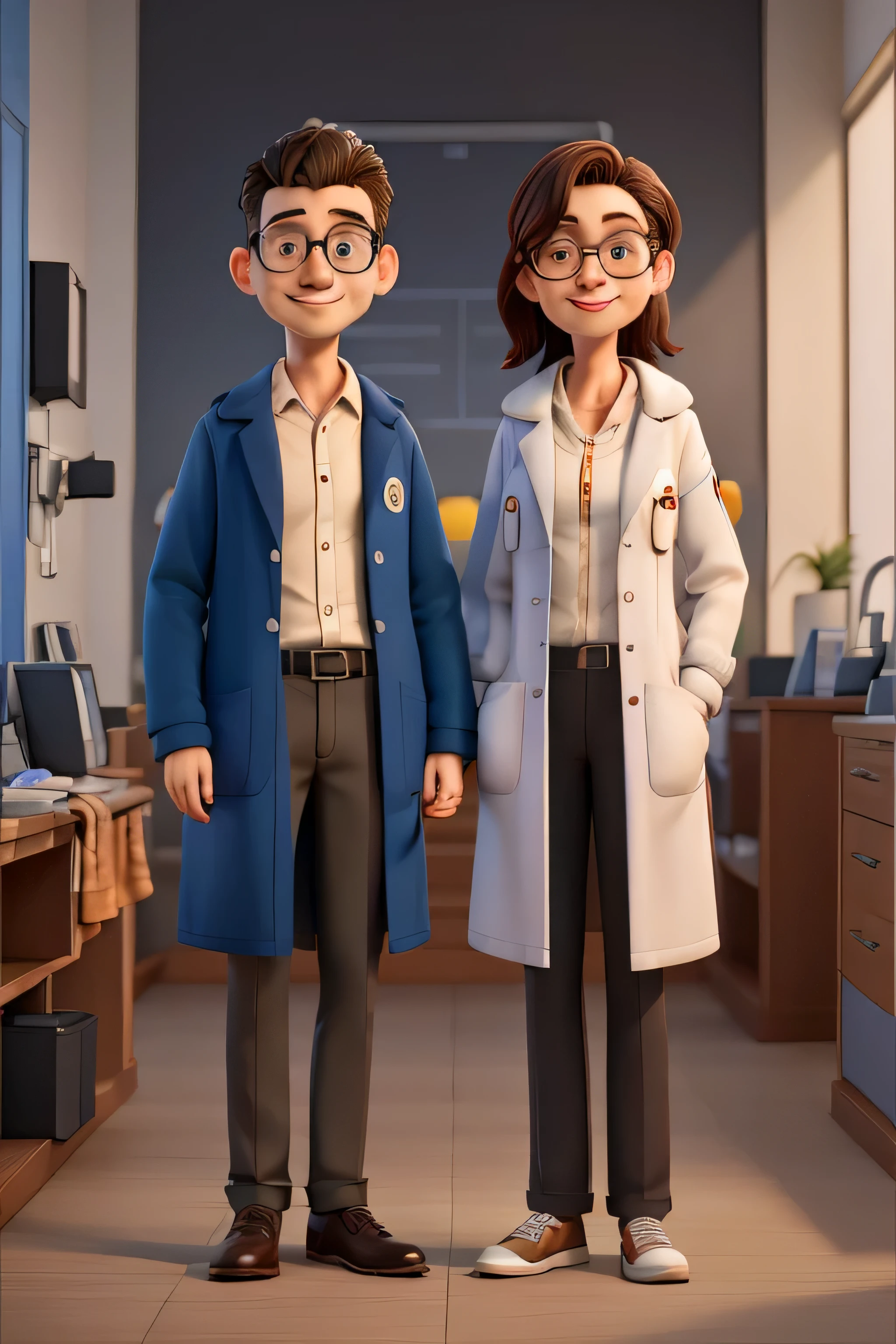 Two Clinical Optometrists in Clinical Coats Wishing Happy World Optometry Day with the background of an Optometry Clinic having Slit Lamp and Vision Chart. both have their respective hands joined in a namaste posture