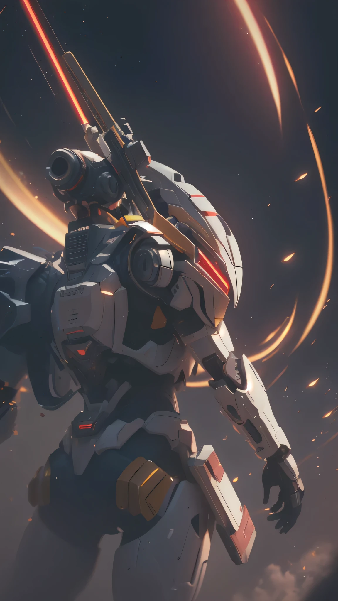 最high quality、best image quality、masterpiece、Mecha((white body、gold line、two black arms、two black legs、white backpack、Red shoulder、red glowing visor、With a beam saber、whole body missile、rifle、firing)),high quality、beautiful art、background((skyscraper city、battlefield))、Flight、debris flies、Depth of written boundary、movie、visual art、perfect art、8K,genuine、Dynamic Performance
