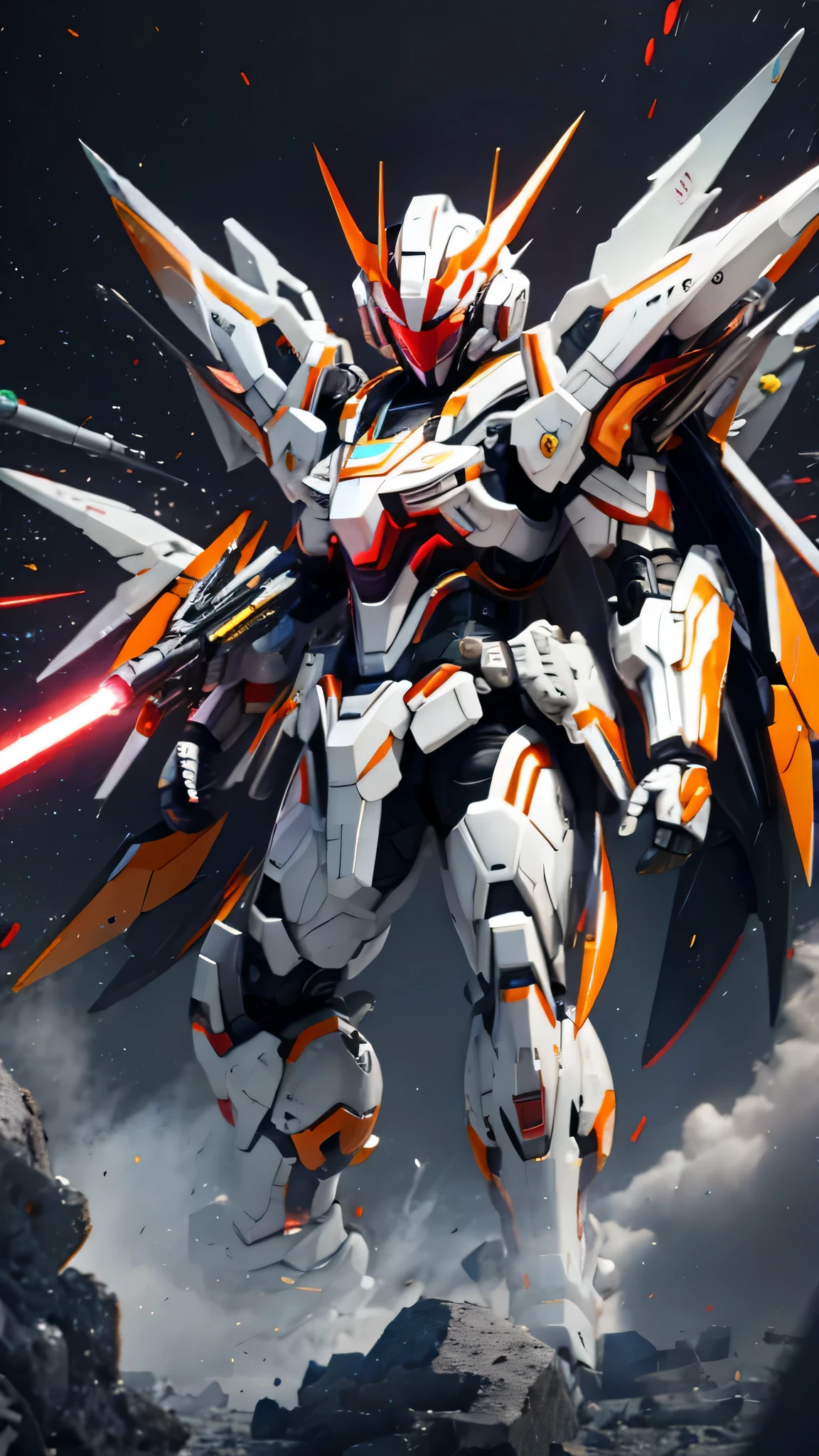 最high quality、best image quality、masterpiece、Mecha((white body、gold line、two black arms、two black legs、white backpack、Red shoulder、red glowing visor、With a beam saber、whole body missile、rifle、firing)),high quality、beautiful art、background((skyscraper city、battlefield))、Flight、debris flies、Depth of written boundary、movie、visual art、perfect art、8K,genuine、Dynamic Performance