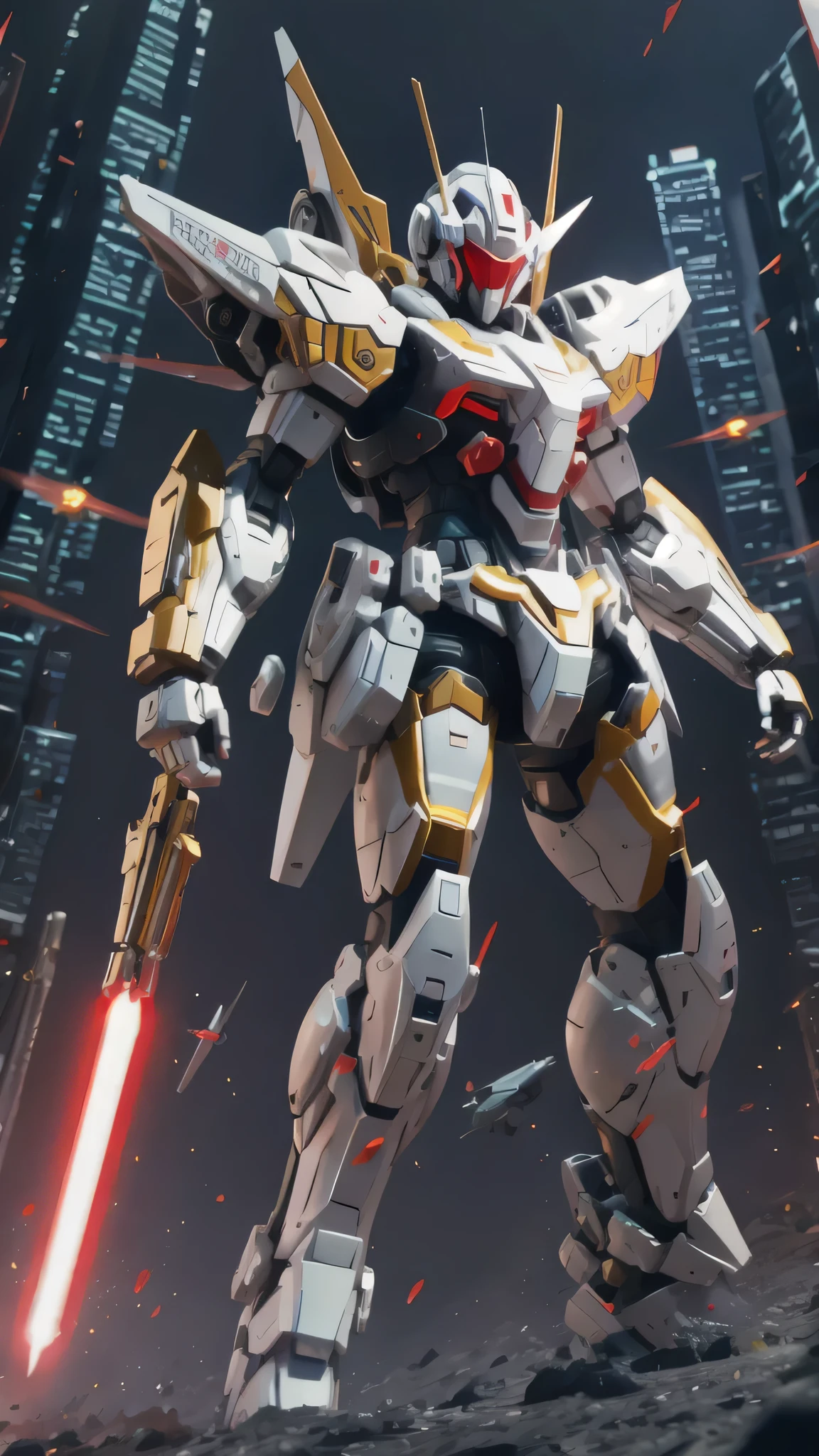 最high quality、best image quality、masterpiece、Mecha((white body、gold line、two black arms、two black legs、white backpack、Red shoulder、red glowing visor、With a beam saber、whole body missile、rifle、firing)),high quality、beautiful art、background((skyscraper city、battlefield))、Flight、debris flies、Depth of written boundary、movie、visual art、perfect art、8K,genuine、Dynamic Performance