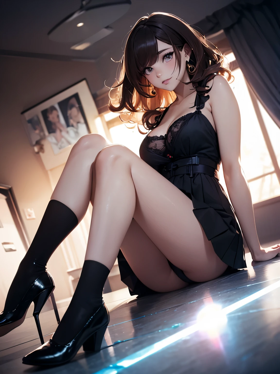 a young girl, Small vest jumpsuit pleated short skirt, big neckline, reveal gorgeousness(black)Lace lingerie, Looks cute, mature body, Seductive eyes, Seductive action, perfect feet, Slender legs, perfect hands, Slightly saggy big breasts, Smooth skin, Full body image, movie lighting, movie quality, Soft high contrast side light, highlight the subject, low light environment, Side milk, Black silk socks, Heeled leather shoes, seductive cleavage, streaked hair, curly hair, very long hair, side swept bangs, curly hair, longeyelashes, wide-eyed, upturned eyes, wide-eyed, color contact lenses, aqua eyes, mole under eye, earrings, makeup, light smile, shy, blush, brown hair, anime style, Hyperrealism, cinematic lighting, depth of field, pov, wide shot, from side, panorama, lens flare, bokeh, f/2.8, Wide-Angle, diffraction spikes, UHD, masterpiece, best quality, highres, 8k, anatomically correct, highres, textured skin, ccurate