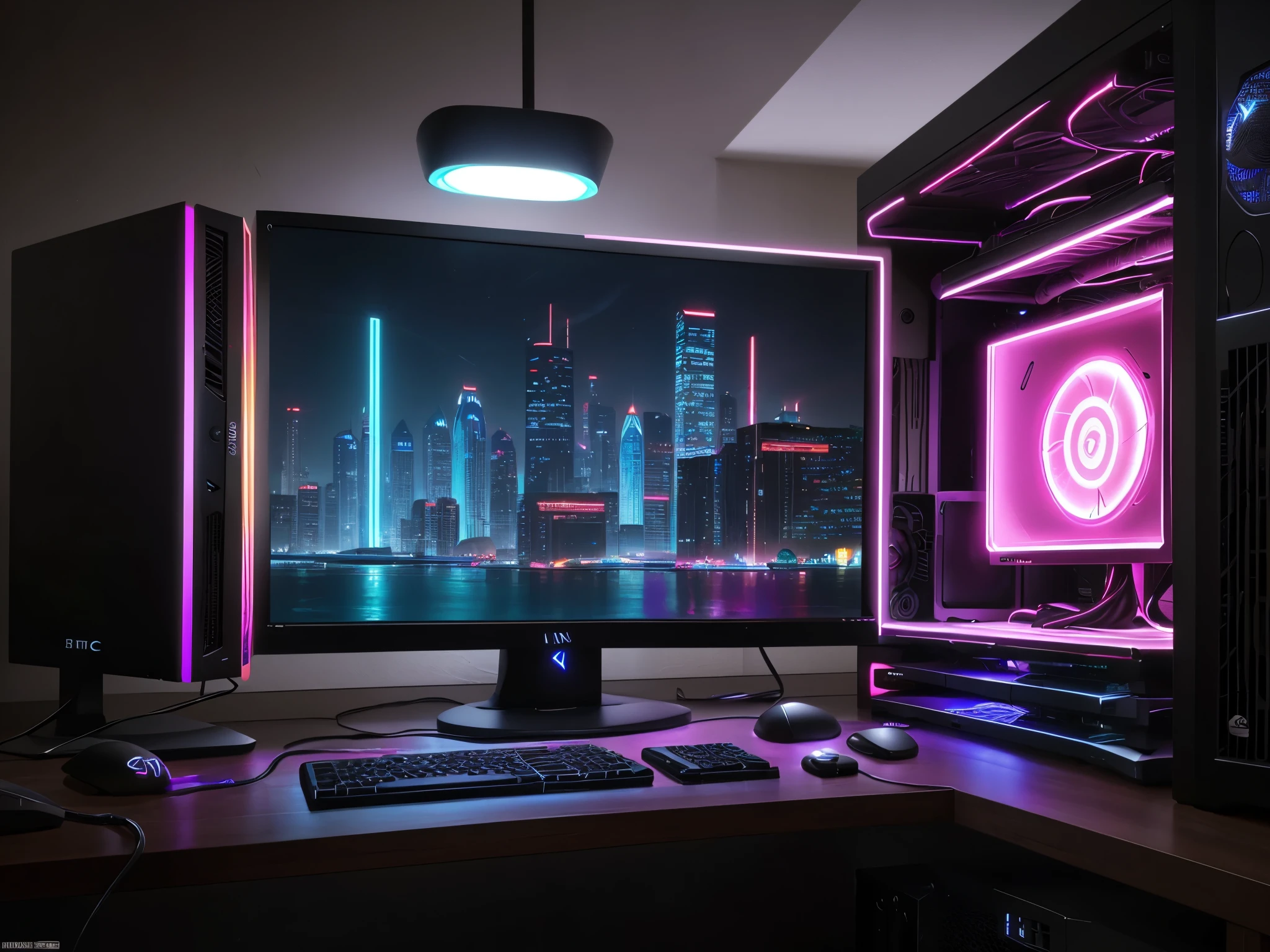 (highest quality, 4k, High resolution, masterpiece:1.2), Super detailed, (Realistic:1.37), computing room, ((gaming pc)), tower, LED case fan:1.2, Luminous CPU cooler, LED attached to the case, illumination, shine, RGB, LED, desktop computer, monitor, keyboard, mouse, headset, ergonomic chair, cable, high tech, game setup, immersive, entertainment, Graphics Card, powerful processor, High speed RAM, cooling system, custom build, professional, stylish design, Bright colors, dynamic light, reflection, modern, innovation, Exciting gameplay, Sleek and high performance, game lovers.