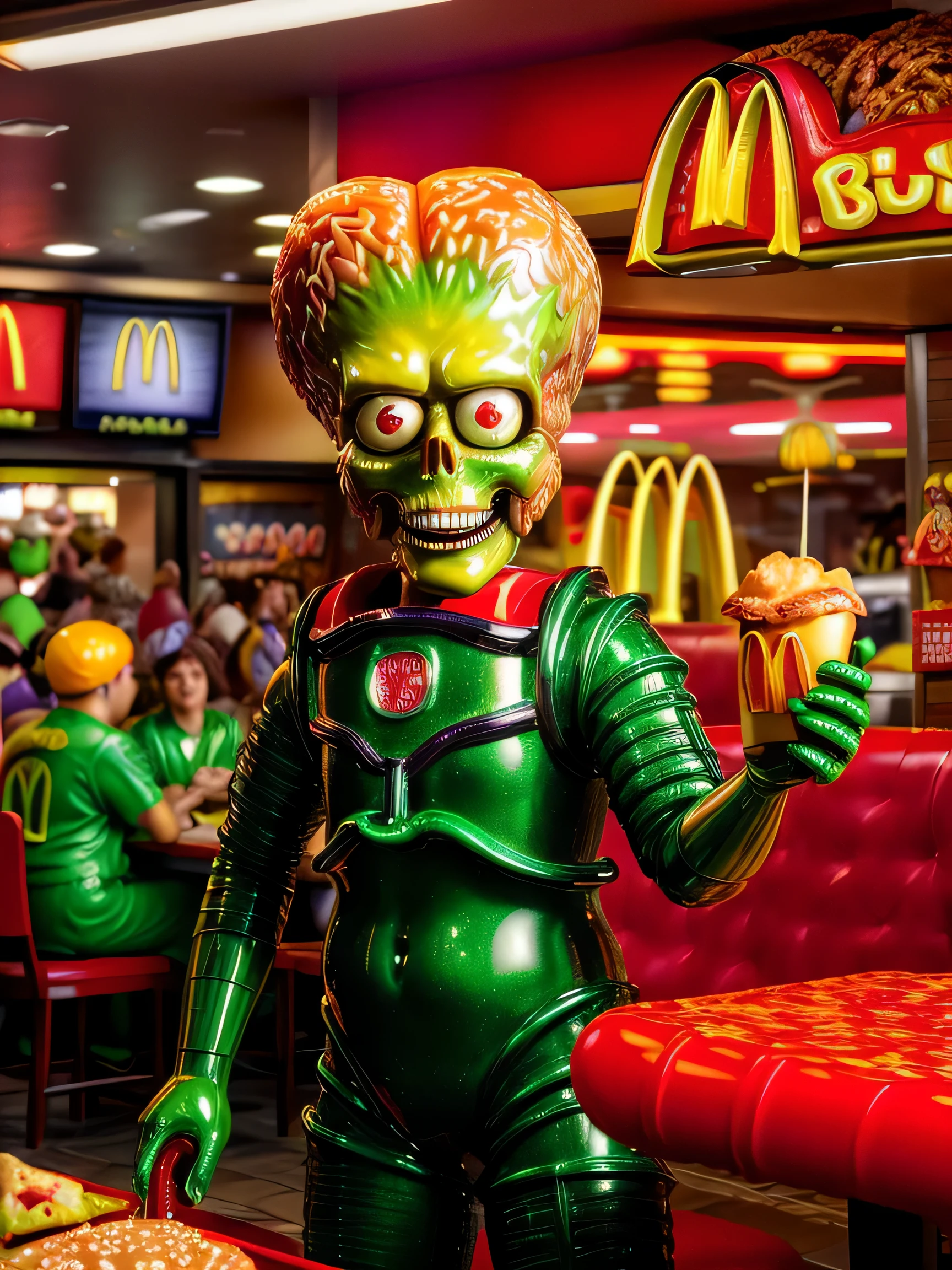 masterpiece, photorealistic highly detailed 8k  Rain, best cinematic quality, volumetric lighting, msttck, green skin, red eyes, happily serving (cheeseburgers), (mcdonald's uniform:1.2) happy-crowd, restaurant in the background (detailed highres high quality high saturation) vibrant colors