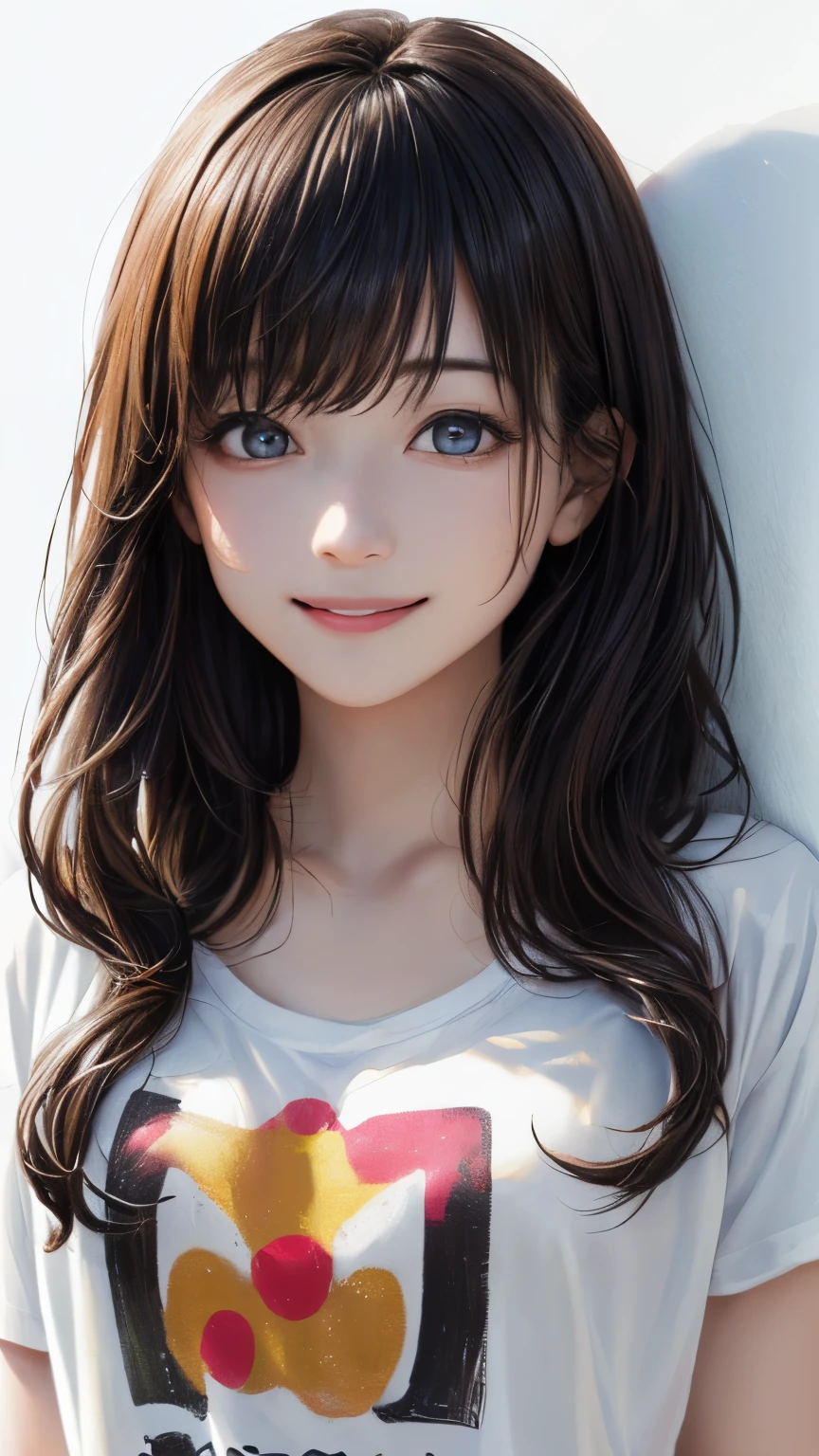 (highest quality、8K、32k、masterpiece)、(realistic)、(Photoreal:1.2)、(High resolution)、Super detailed、very beautiful face and eyes、1 girl、round and small face、thin waist、delicate body、(close、highest quality、high detail、Rich skin details)、(highest quality、8K、oil paint:1.2)、Super detailed、(realistic、realistic:1.37)、bright colors、(((It&#39;s black hair)))、(((bust shot)))、(((long hair)))、(((hair with even bangs)))、(((pure white wall background)))、(((pure white wall background)))、(((She has a happy expression)))、(((Wearing a brown T-shirt)))、(((This is a T-shirt with a clown drawn on the chest..)))、(((look straight ahead)))、(((I'm slouching)))、(((Hands are above the head)))、