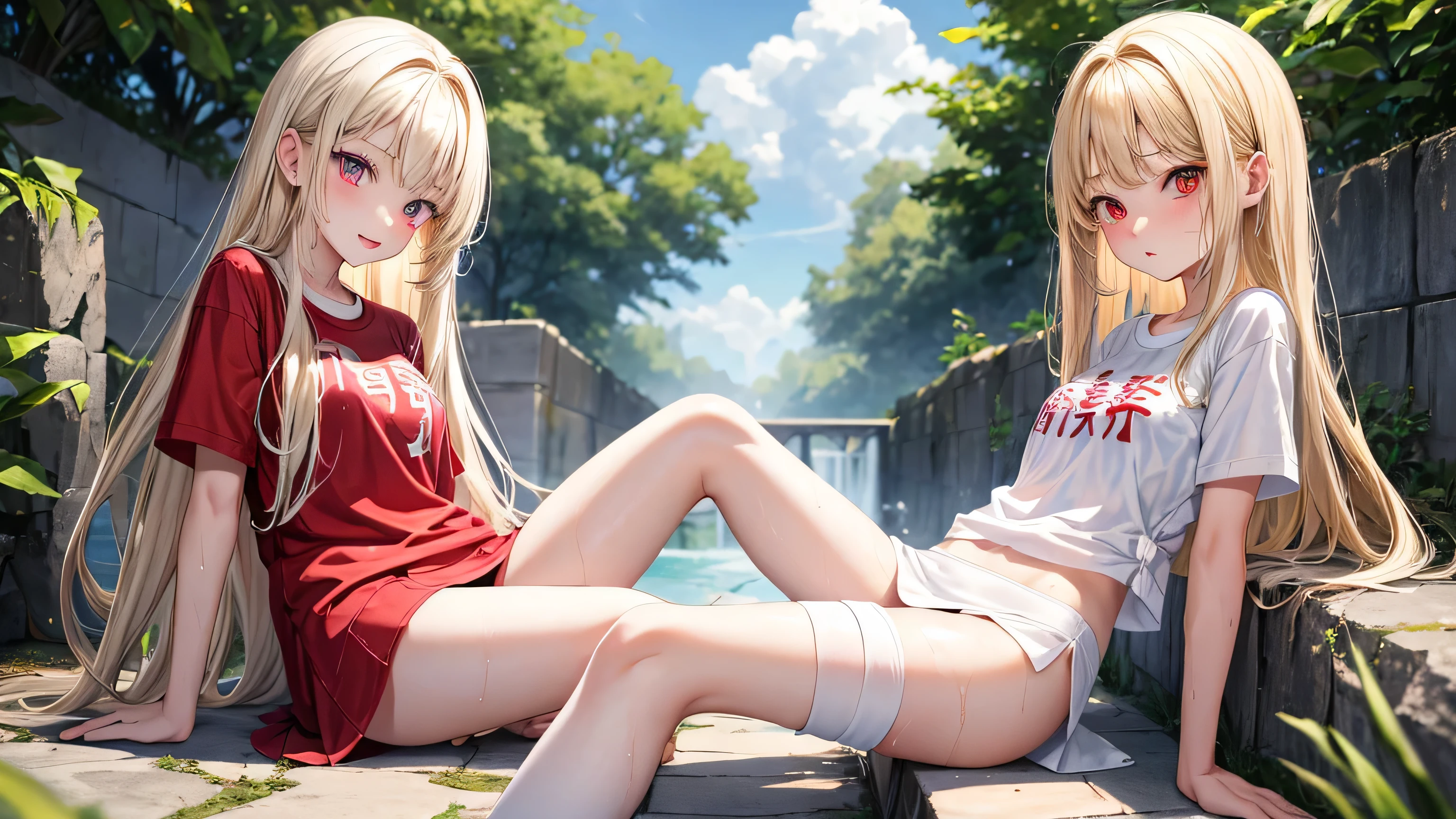 I'm 、blonde、medium long hair、red eyes、two cute girls、alone、and soul、wet white t-shirt、Wet miniskirt、white panties、透き通るwhite skin、white skin、beautiful skin、beautiful feet、slim and elegant background、sit on top