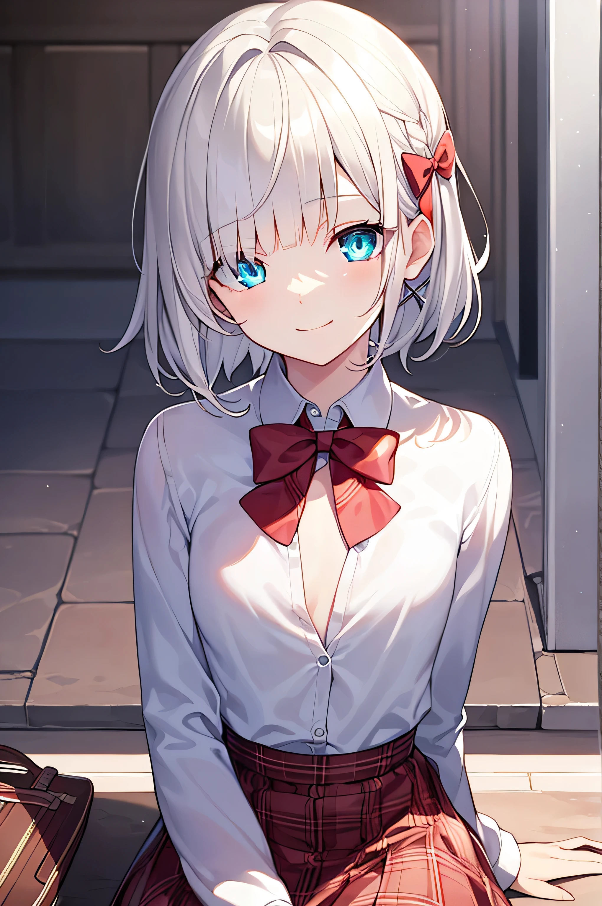 detectivelunch break, Smile, short hair, Bangs, blue eyes, shirt, hair accessories, long sleeve, skirt, bow, white hair, hairpin, blunt Bangs, bowtie, red bow, x hair accessories, red bowtie, lunch break, (medium bust:1.2), rest looking at viewer, rest outside, rest (masterpiece:1.2), best quality, High resolution, unified 8k wallpaper, (illustration:0.8), (beautiful and delicate eyes:1.6), extremely detailed face, perfect lighting, Extremely detailed CG, (perfect hands, perfect anatomy),