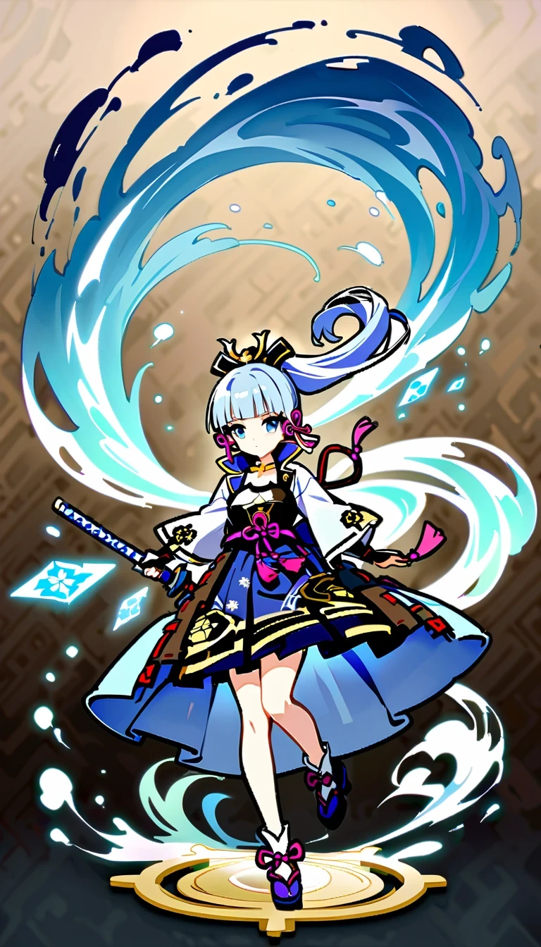 whole body, Ayaka Uesou, Genshin Impact Characters, lightning noble, swordsman, Ice element ability, Purple and white kimono, dark blue hair, Holds dual katana swords, Floating gracefully in mid-air, Japanese traditional aesthetics, naughty or mischievous expression, able to turn into wind, No background, no shadow, no reflection