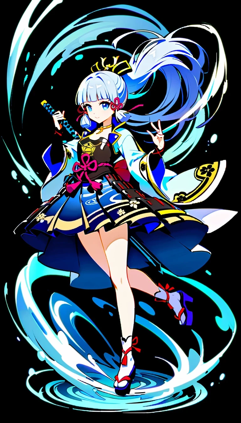 whole body, Ayaka Uesou, Genshin Impact Characters, lightning noble, swordsman, Ice element ability, Purple and white kimono, dark blue hair, Holds dual katana swords, Floating gracefully in mid-air, Japanese traditional aesthetics, naughty or mischievous expression, able to turn into wind, No background, no shadow, no reflection