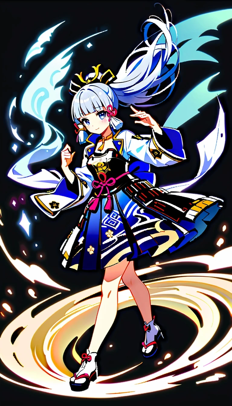 whole body, Ayaka Uesou, Genshin Impact Characters, lightning noble, swordsman, Ice element ability, Purple and white kimono, dark blue hair, Holds dual katana swords, Floating gracefully in mid-air, Japanese traditional aesthetics, naughty or mischievous expression, able to turn into wind, No background, no shadow, no reflection