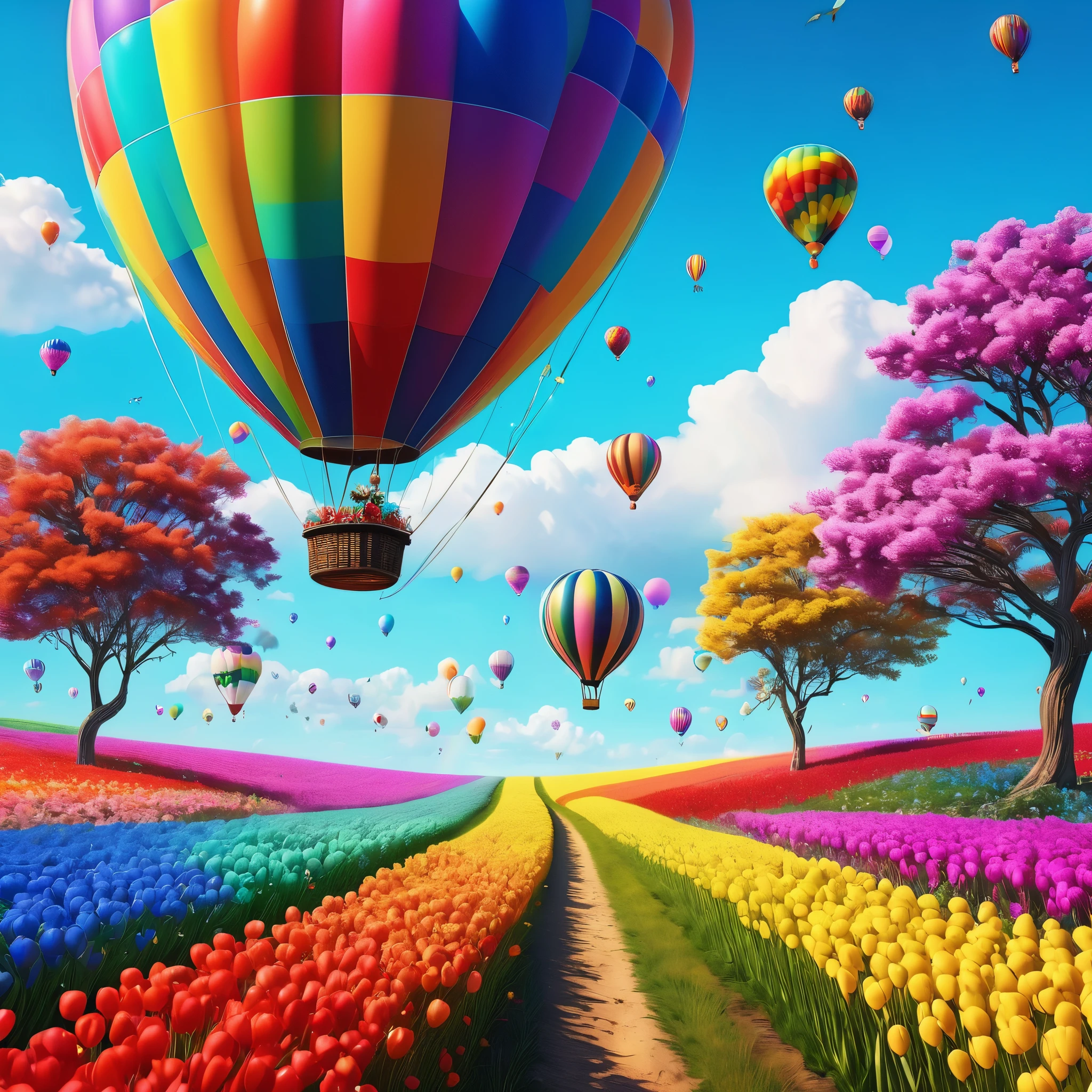 An image of a whimsical Easter wonderland, with colorful hot air balloons floating above fields of flowers and rainbow-colored trees, detailed, realistic, HD, trending on Artstation, in the style of Salvador Dalí, Joan Miró, and René Magritte.