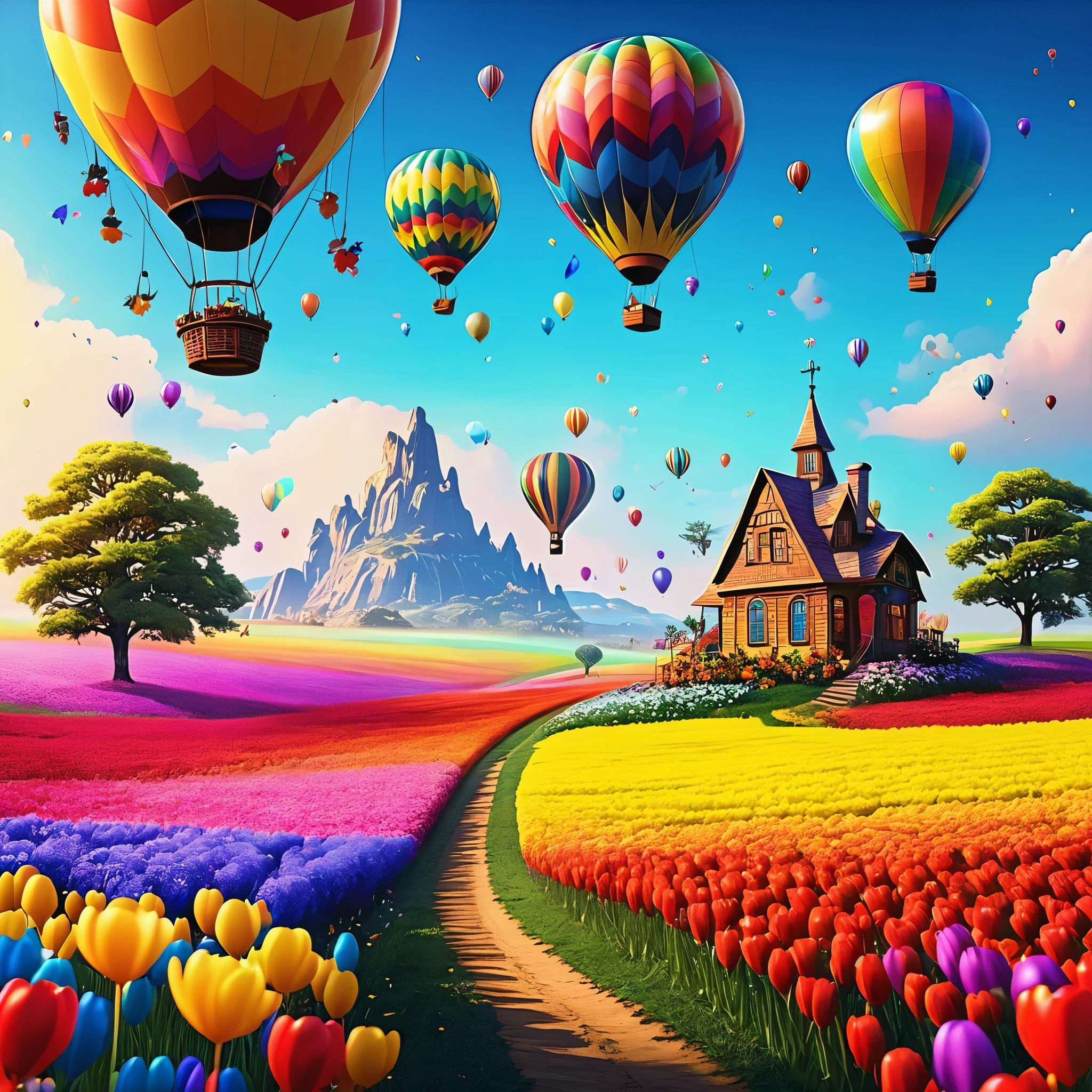 An image of a whimsical Easter wonderland, with colorful hot air balloons floating above fields of flowers and rainbow-colored trees, detailed, realistic, HD, trending on Artstation, in the style of Salvador Dalí, Joan Miró, and René Magritte.