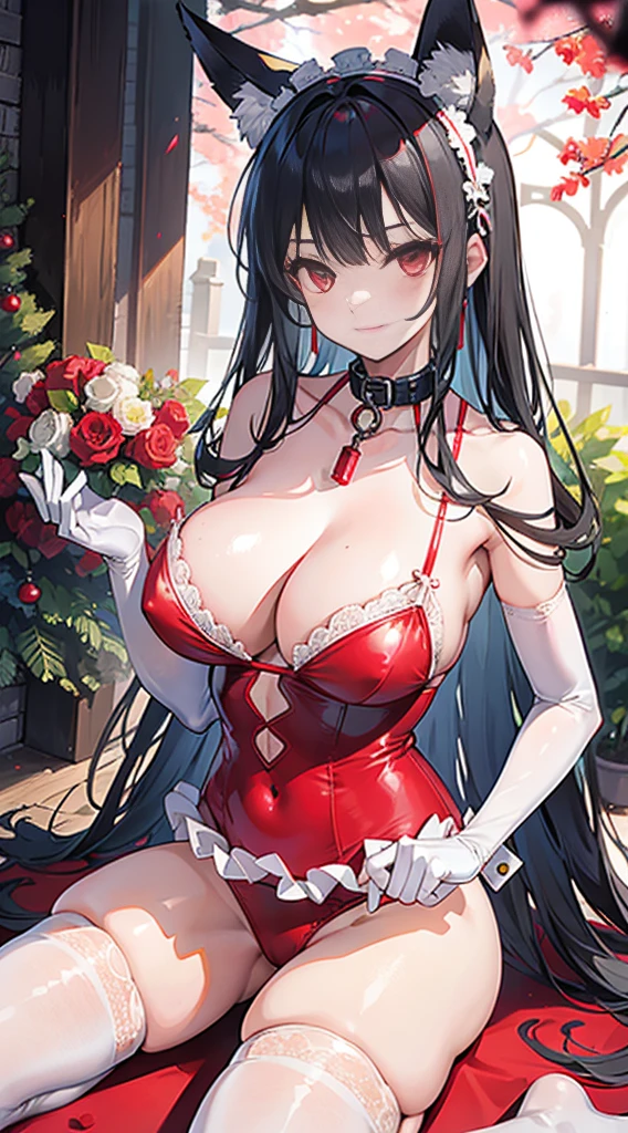 high quality, masterpiece, super detailed, 1 girl, extremely detailed faces, Christmas red lace latex bikini,White gloves,white christmas stocking,Red Lantern,red christmas carpet,maid crown,mad,handcuffs,collar,Calm expression,Smile,handcuffs,collar,long black hair, charming pink eyes, fox ears, Ridiculously big, shiny skin, Outdoor sports, garden, Medieval western town,