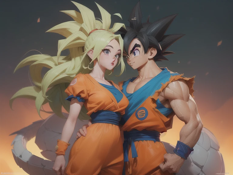 {((Foto de cuerpo completo, pie plano, cuerpo recto, Dragon Ball animado style))}, {((laura/femenino, pechos grandes, Extremadamente bello))}, {((ella se besa con goku, la chica se besa con goku, la chica enamorada de goku