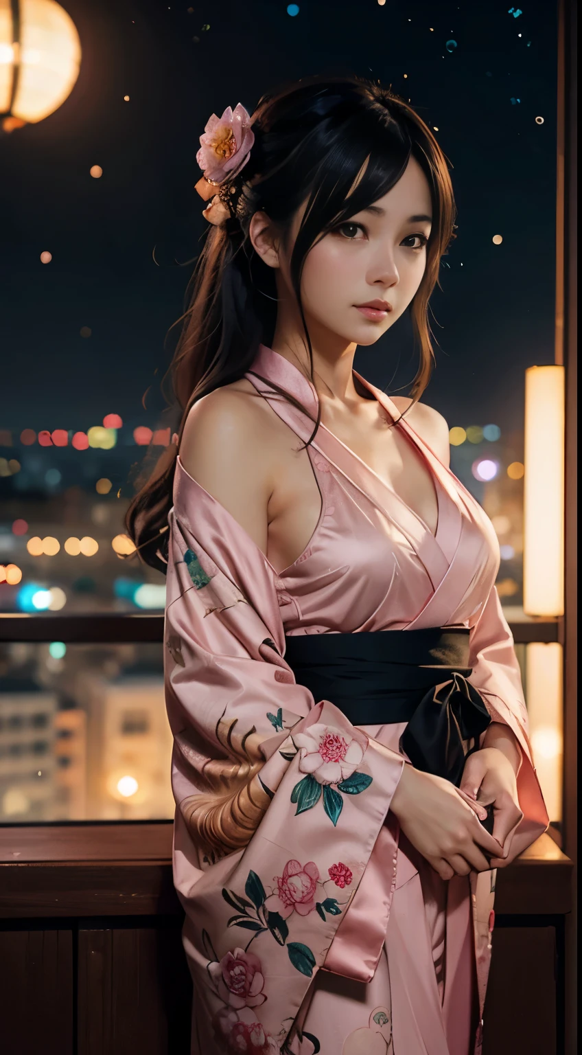 Anime girl adorned in pink kimono clothes, shoulder-gazing pose, anime drawing masterpiece by Yang J, Pixiv contest winner, serial art entry, intricately detailed digital anime illustration in Guweiz style, reminiscent of kawashi and traditional anime aesthetics, stunning anime portrait executed in 4K resolution, artful depiction of beautiful starry night sky, captivating anime style artwork illuminating the night view.