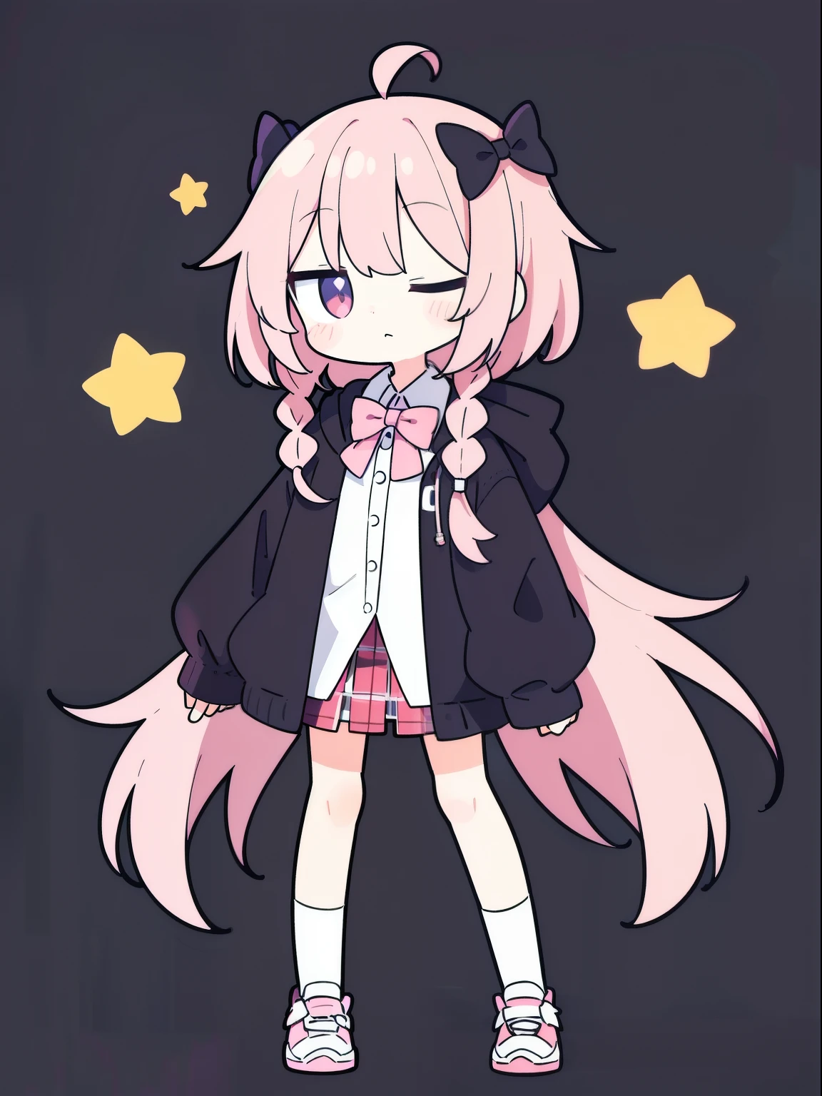 highres 1girl ahoge 鮑比_pin bow bowtie braid brmy own_Eyes collared_shirt dojikko_frilly pose_shirt frilled_shirt_Collarless joint_skirt frills hair_bow hair_ornament hairpin hand_exist_my own_head, heart, heart_hair_decorative hooded hood_jacket jacket lexistg_hair existe_Eye_Closed pentagram pink_hair plaid plaid_bow plaid_pleated skirt_skirt shirt shoelaces shoes simple_Background standing skirt solo star_(symbol) twin_Braid Wari raw white_background white_Raise your legs high, whole body