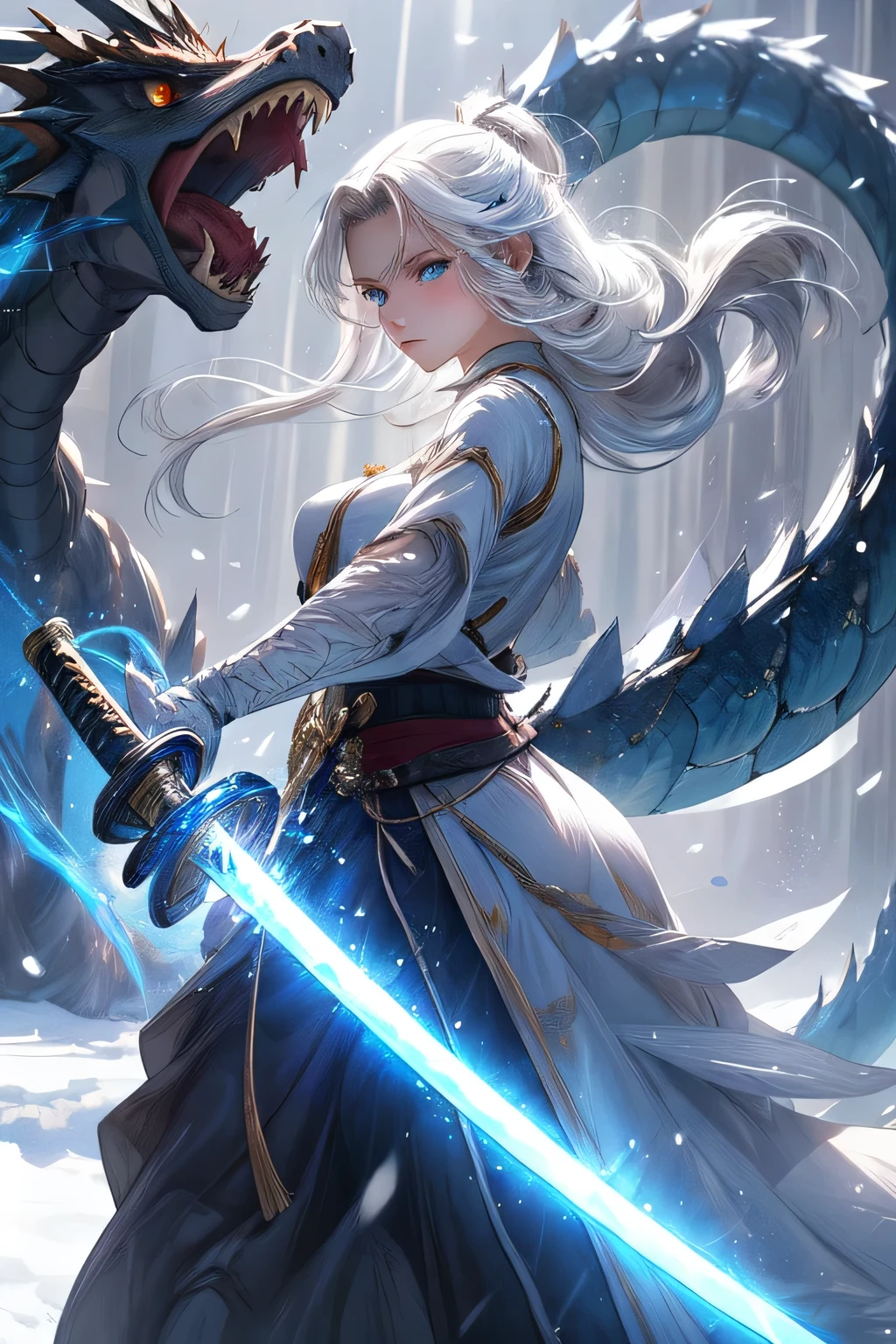 A determined girl with long snow-white hair clad in gleaming white armor, wielding a katana sword, confronts a menacing demon lord. Behind her, a majestic dragon looms, with blue eyes mirroring her own