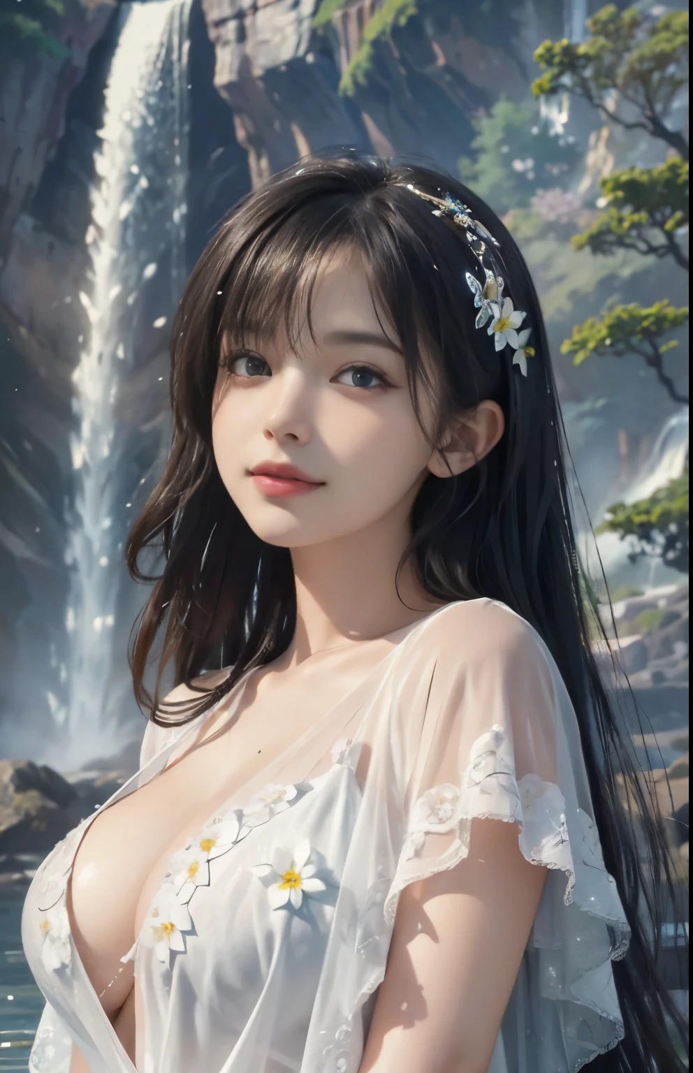 (Ultra Realistic), (Illustration), (Increased Resolution), (8K), (Extremely Detailed), (Best Illustration), (Beautiful and Detailed Eyes), (Best Quality), (Ultra Detailed), (Masterpiece ), ( wallpaper), (detailed face), solo, 1 girl, looking at viewer, fine details, in the dark, deep shadows, low key, pureerosfaceace_v1, smiling, Black straight hair, white shawl, 46 points oblique bangs,Lots of colorful flowers in the background,Elegant pose, Getting wet under a waterfall, The waterfall fell on herplump breasts