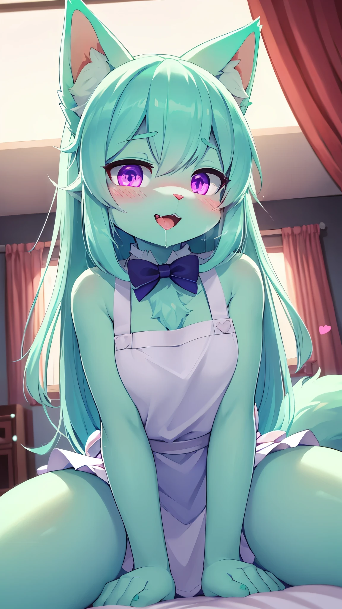 best quality,best resolution,(fluffy anthro furry :1.6),(young :1.6),fox girl,light green hair, long hair,wavy hair,purple eyes,flat chest,(light green fur :1.6),glasses,white naked apron,luxury bedroom,romantic light,looking at viewer,heavy breath,very hot,sweating,steam surrounded,plenty pussy juice,horny face,heart eyes,heart expression eyes, on bed,drool,grin,girl on top,fiercely sex,brutal sex,vaginal sex,tense pose,orgasm,squirting