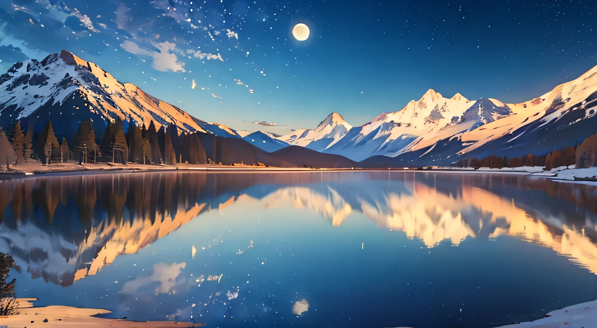 A very starry night. A huge moon spreading beyond the mountains. A quiet lake reflects the night. A crane flies in the sunset. realistic scene, be familiar with, rendering, 8K，the sun and moon shine together
