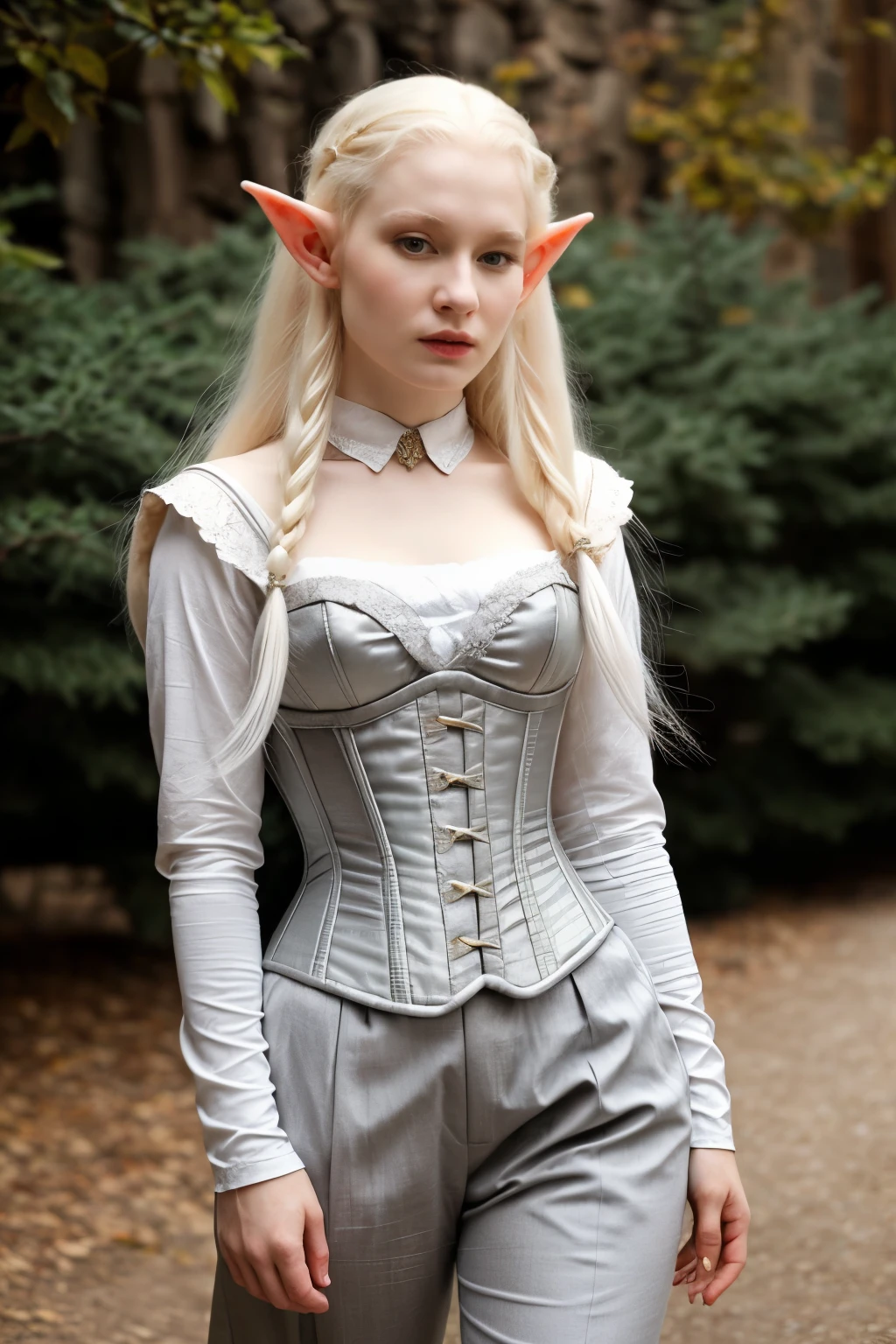 ((best quality)), ((masterpiece)), (detailed), perfect face, ((Albino)), ((elf)), woman, (pants), corset shirt, fancy, medieval, noble, (grey hair)