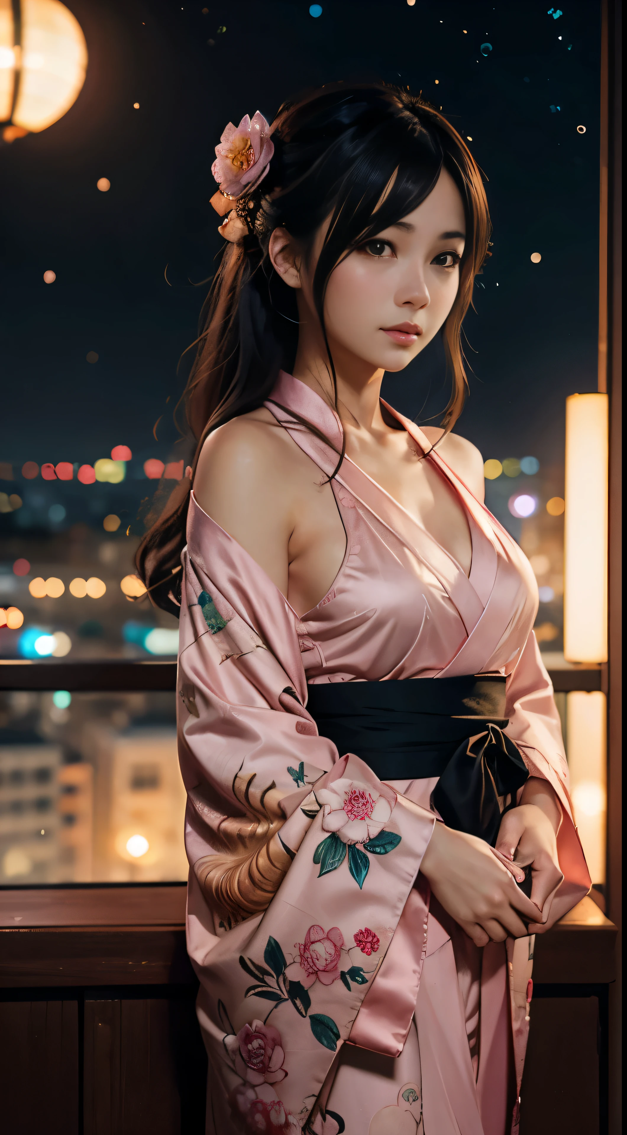 Anime girl adorned in pink kimono clothes, shoulder-gazing pose, anime drawing masterpiece by Yang J, Pixiv contest winner, serial art entry, intricately detailed digital anime illustration in Guweiz style, reminiscent of kawashi and traditional anime aesthetics, stunning anime portrait executed in 4K resolution, artful depiction of beautiful starry night sky, captivating anime style artwork illuminating the night view.