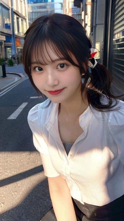 (highest quality,masterpiece:1.3,ultra high resolution),(Super detailed,caustics,8K),(realistic:1.4,RAW shooting),1 girl,(smile and look down at the camera),(front shot:1.1),(look forward),18-year-old,cute,Japanese,Black short ponytail,,glamorous,(small tits),( close),(chest focus),street,sunlight,Natural light,(Backlight),(A bright light shines from behind),(Lens flare),professional writing,(cowboy shot),(low position:1.3),(Low - Angle:1.3),mini skirt,spring fashion