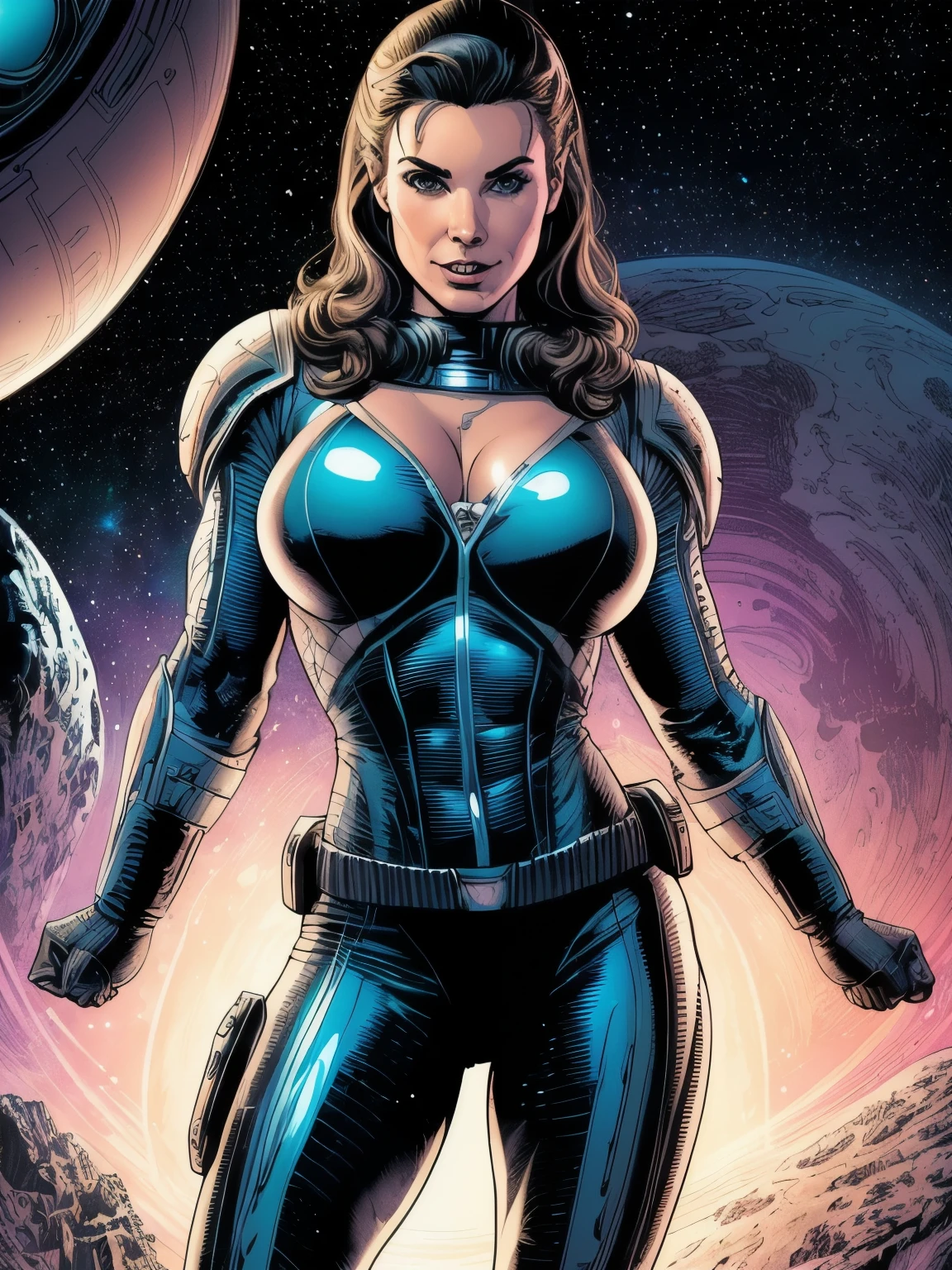 Alison Tyler in comic book panel, lineart illustration , sharp eyes focus , athletic body, alone, ((woman in space armor )), (((ultra realistic detailed eyes))), intricate eye details, cute smile, sweaty , model shoot pose, ultra skin texture, ((ultra skin details)), skin imperfections, intricate details, ( in dark sci-fi space ship ), short messy hair,
